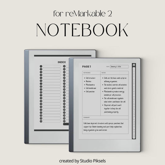 Cornell Notebook Bundle for reMarkable featuring hyperlinked digital notebooks with Cornell note-taking templates, lined notes pages, and organized navigation tabs.