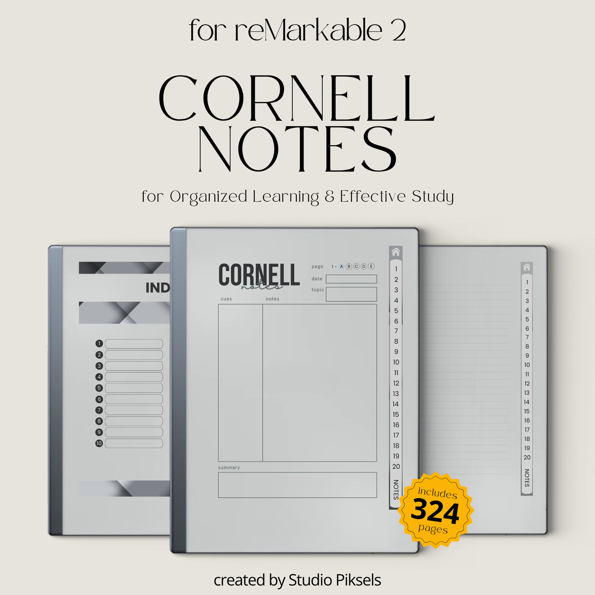 Cornell Notes Bundle for reMarkable 2 featuring three grayscale hyperlinked PDF notebooks with 100 Cornell note pages each, custom indexes, side tabs, and lined notes.