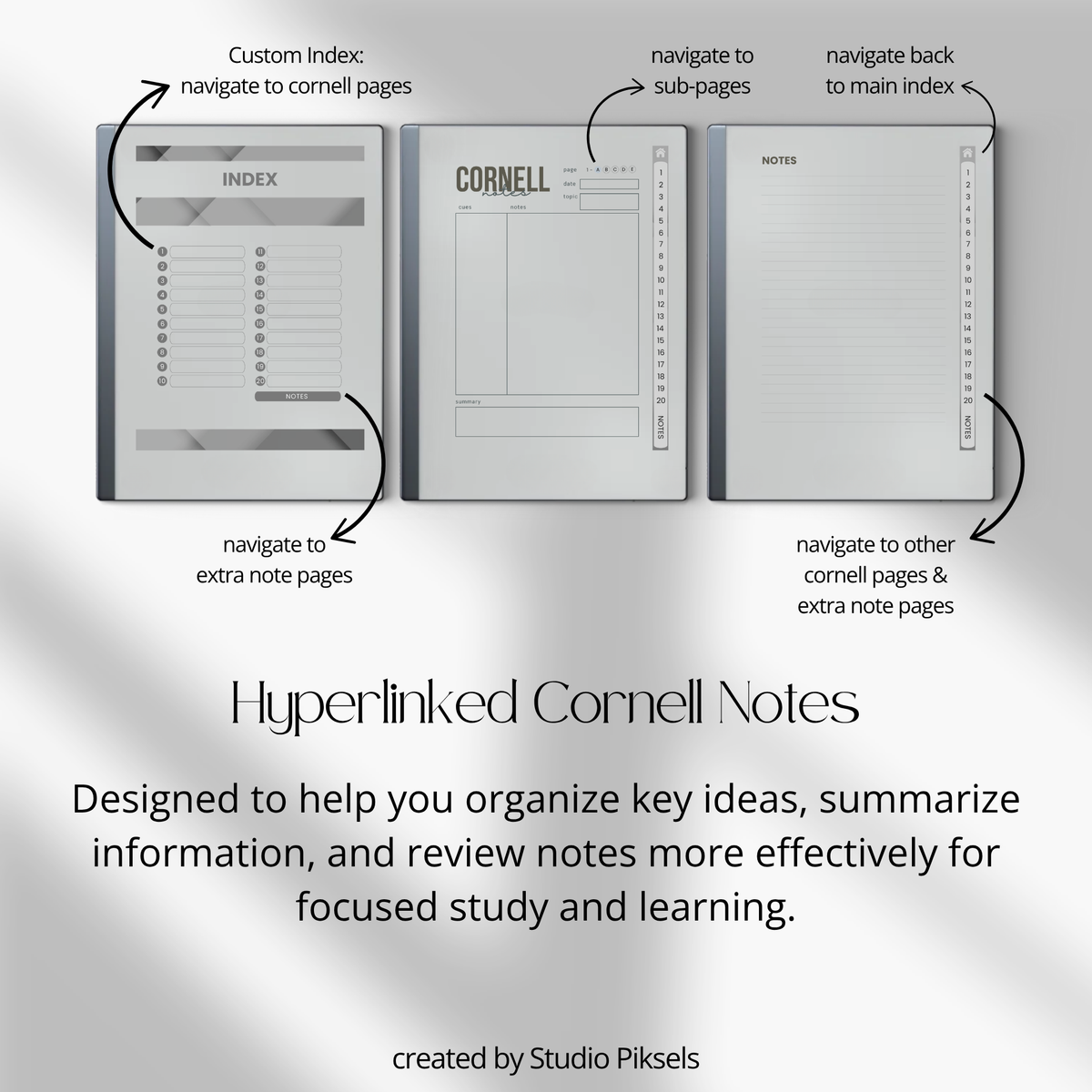 Cornell Notes Bundle for reMarkable 2 featuring three grayscale hyperlinked PDF notebooks with 100 Cornell note pages each, custom indexes, side tabs, and lined notes.