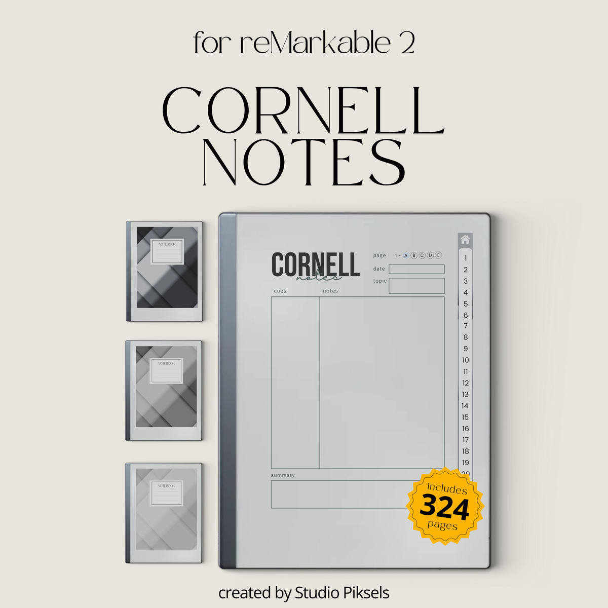 Cornell Notes Bundle for reMarkable 2 featuring three grayscale hyperlinked PDF notebooks with 100 Cornell note pages each, custom indexes, side tabs, and lined notes.
