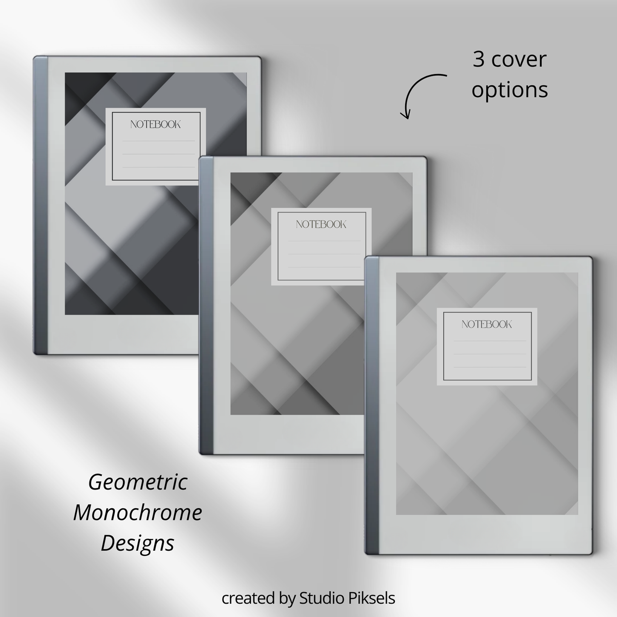 Cornell Notes Bundle for reMarkable 2 featuring three grayscale hyperlinked PDF notebooks with 100 Cornell note pages each, custom indexes, side tabs, and lined notes.