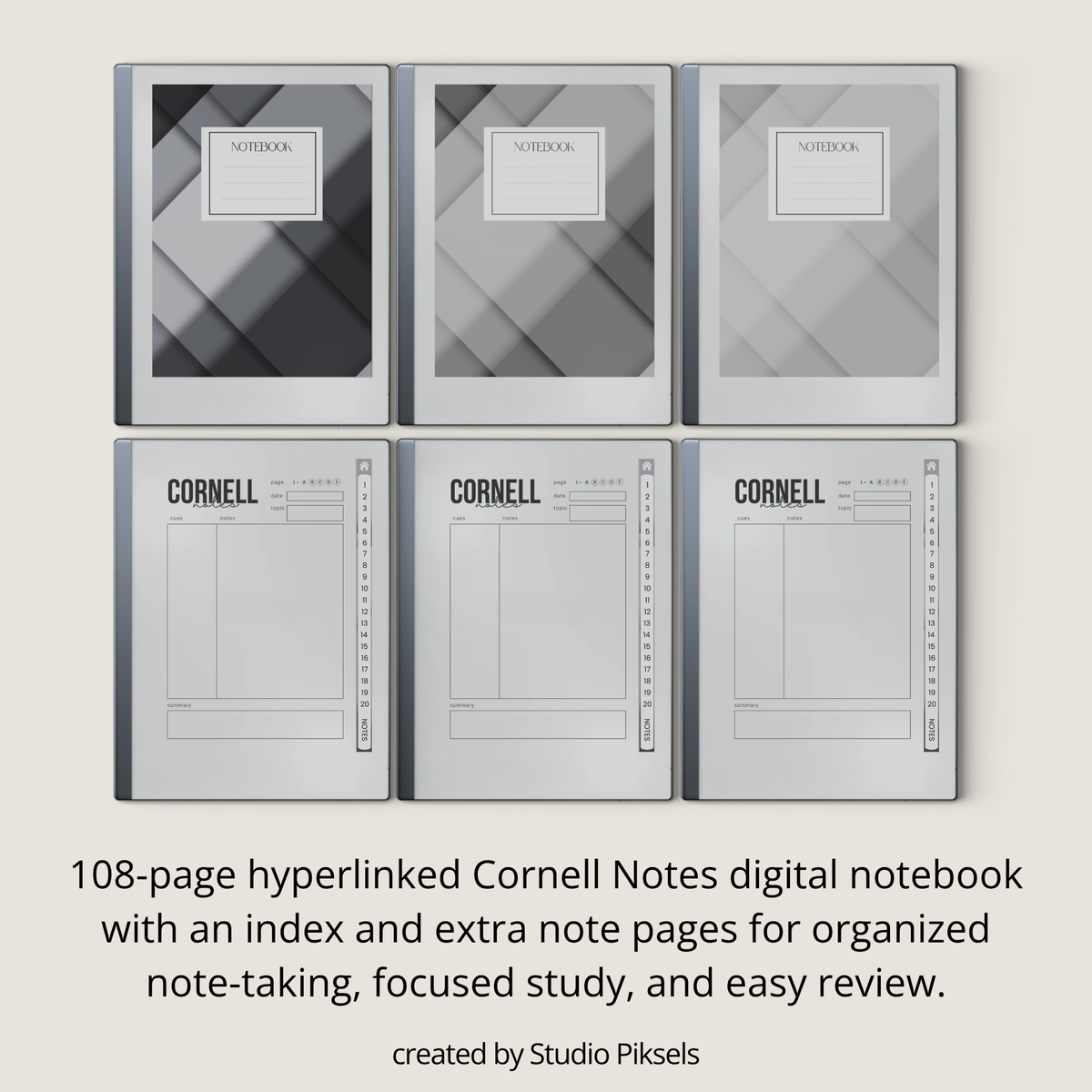 Cornell Notes Bundle for reMarkable 2 featuring three grayscale hyperlinked PDF notebooks with 100 Cornell note pages each, custom indexes, side tabs, and lined notes.