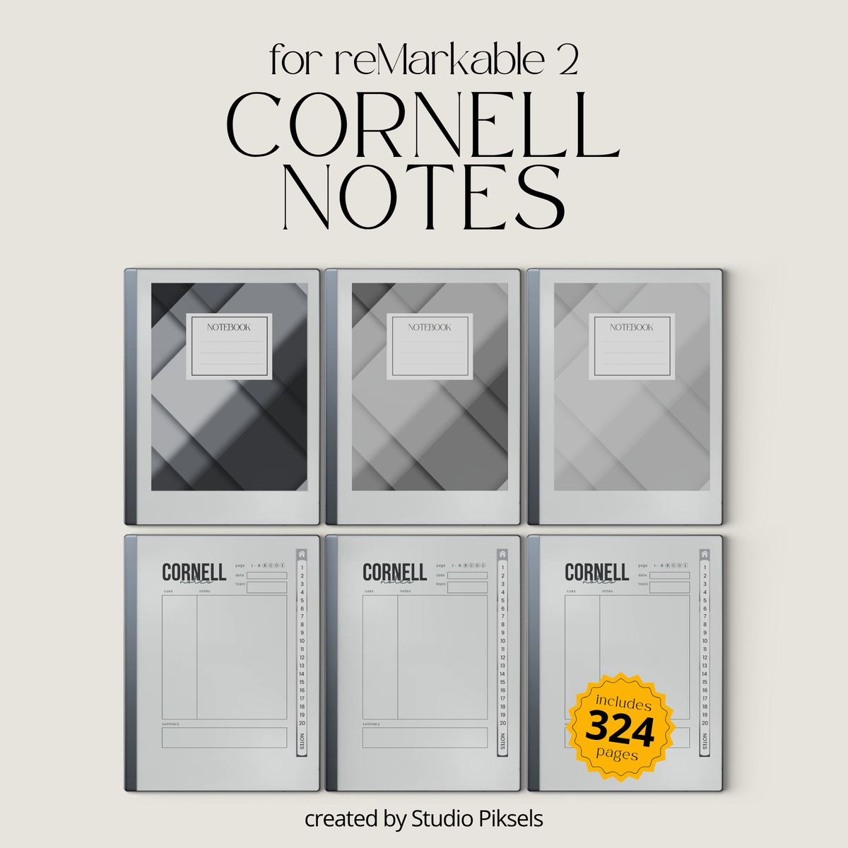 Cornell Notes Bundle for reMarkable 2 featuring three grayscale hyperlinked PDF notebooks with 100 Cornell note pages each, custom indexes, side tabs, and lined notes.