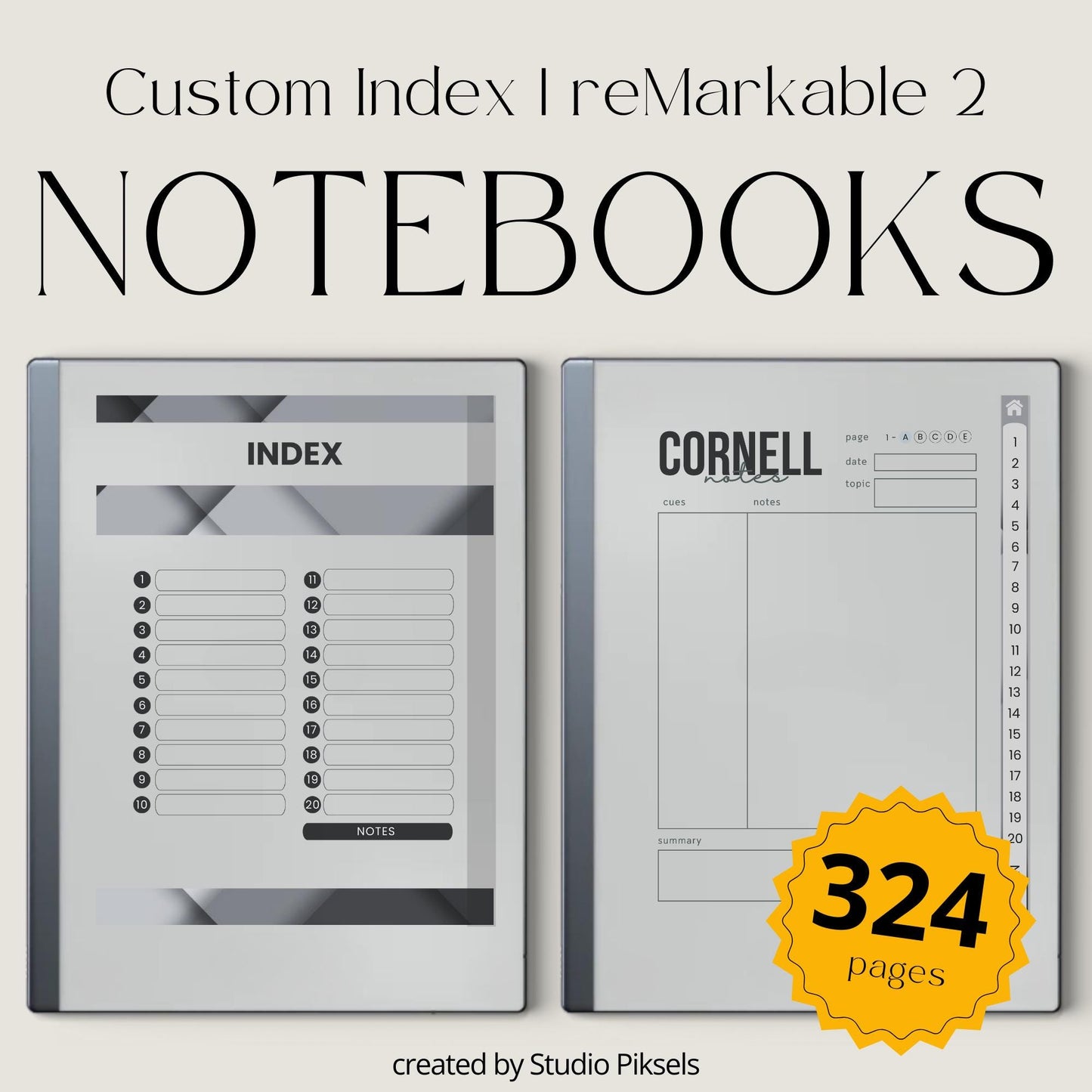 Cornell Notes Bundle for reMarkable 2 featuring three hyperlinked PDF notebooks with custom index pages, Cornell note layouts, side navigation tabs, home button links, extra lined pages, minimalist grayscale covers, and structured note-taking sections.