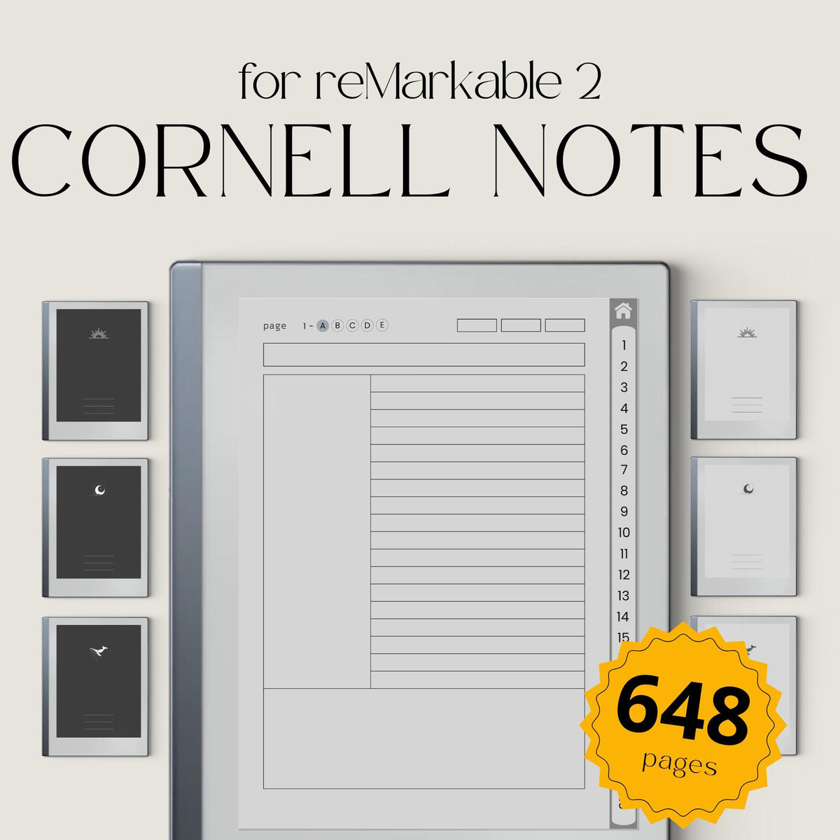 Cornell Notebook Bundle for reMarkable featuring six hyperlinked digital notebooks with Cornell notes pages, planning templates, lined notes pages, and minimalist grayscale covers