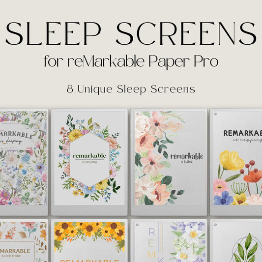 Personalize your device with this Cottagecore Floral Sleep Screens Bundle designed for reMarkable Paper Pro. This collection includes eight flower-inspired sleep screens featuring botanical artwork, colorful blooms, and cottagecore-style floral designs that bring a calm and elegant atmosphere to your device during sleep mode.