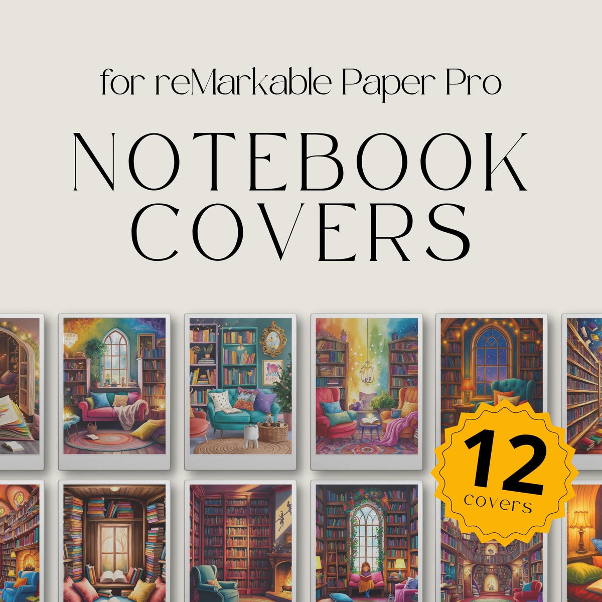 Cozy notebook cover bundle for the reMarkable Paper Pro featuring 12 bookish and library digital covers, illustration art, and file organization layouts.