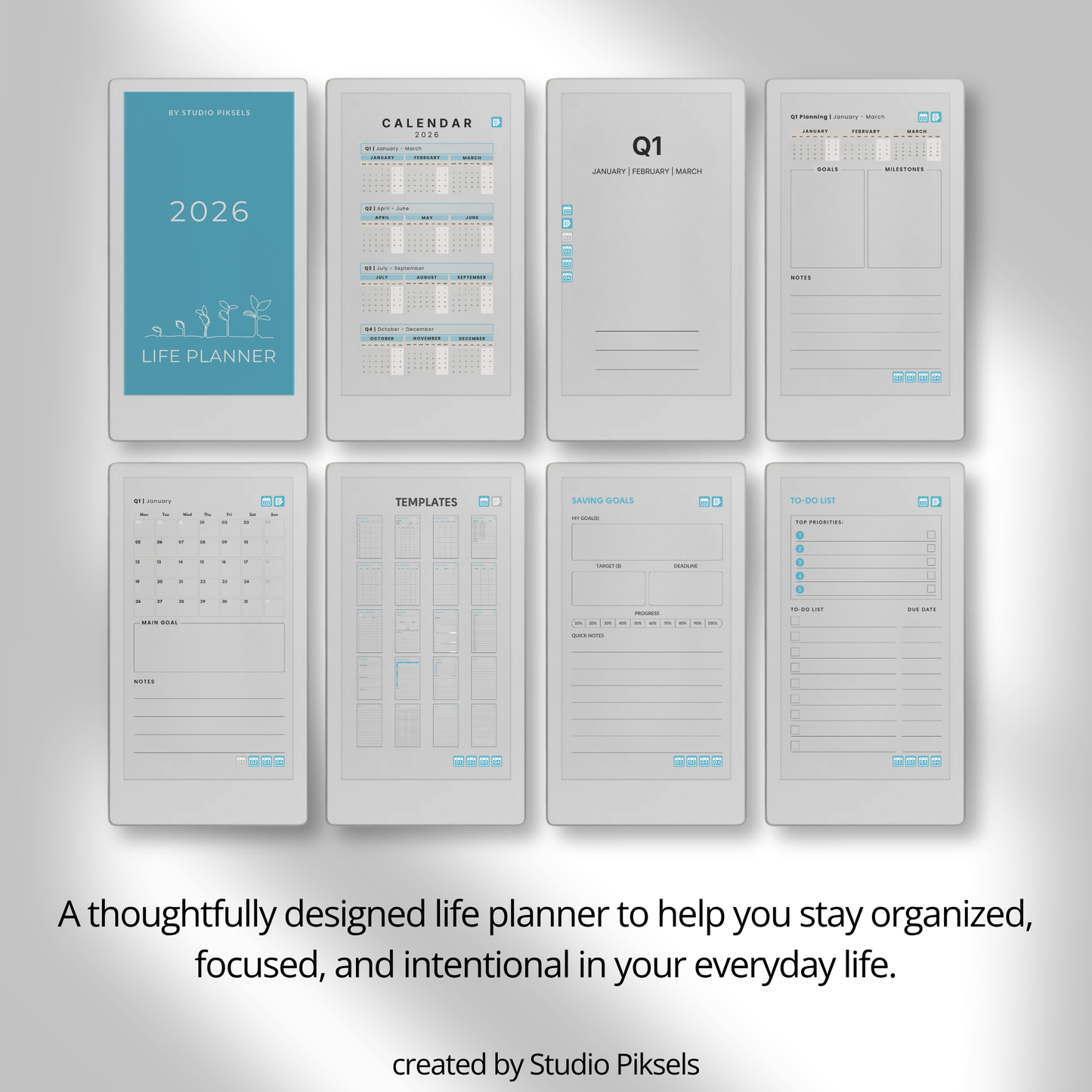 Life Planner 2026 PDF for reMarkable Paper Pro Move with hyperlinked calendar, templates, and customizable pages.