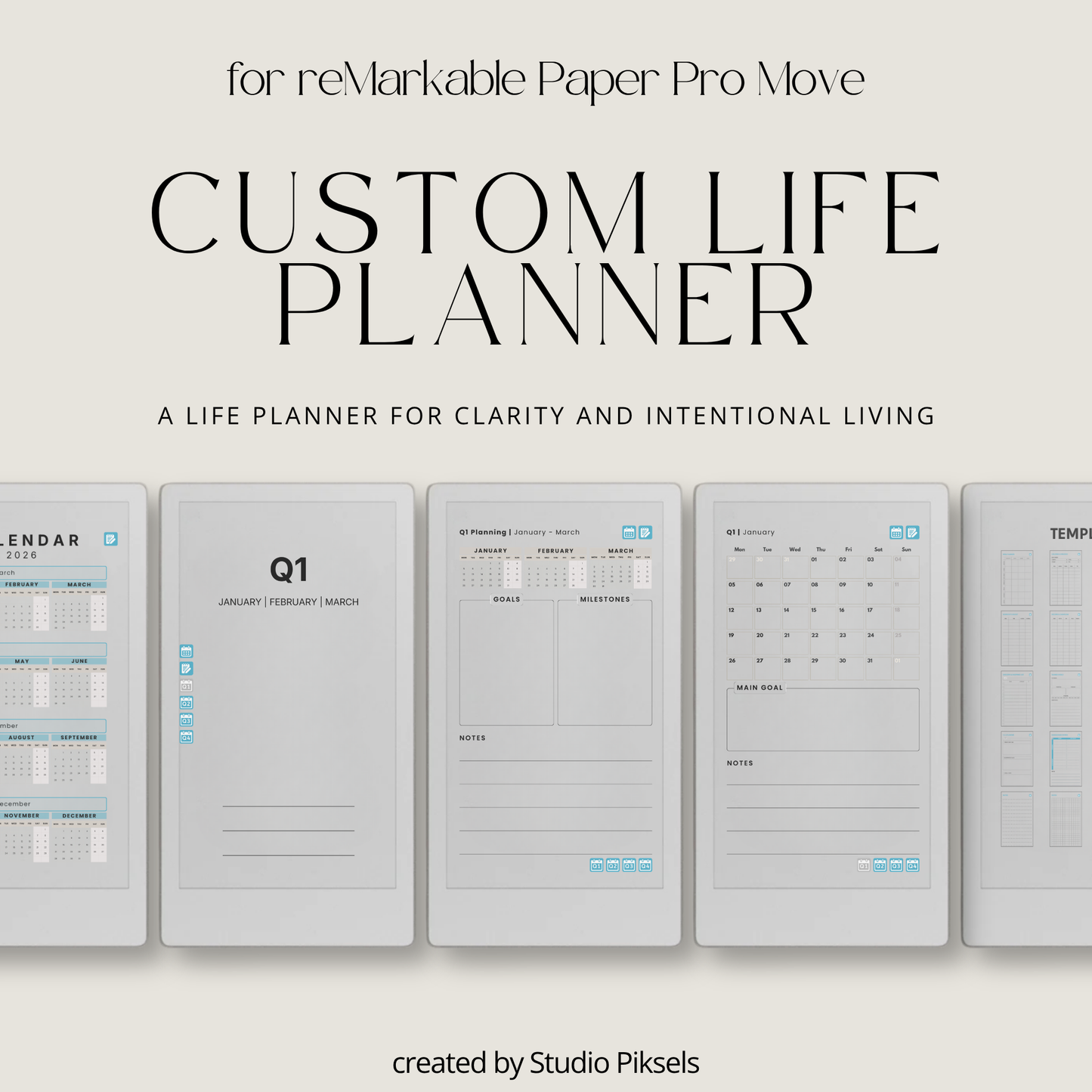 Life Planner 2026 PDF for reMarkable Paper Pro with hyperlinked calendar, templates, and customizable pages.