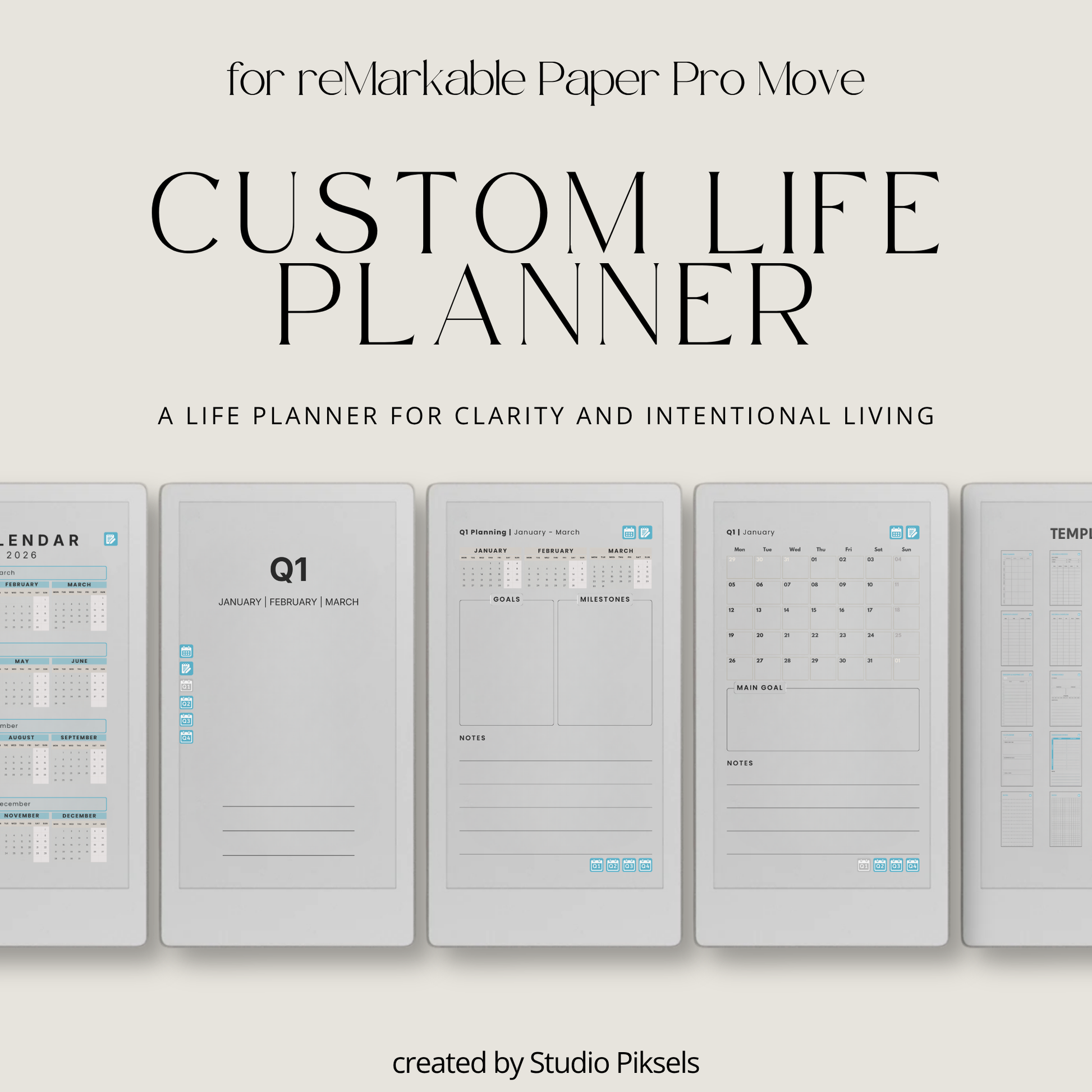 Life Planner 2026 PDF for reMarkable Paper Pro with hyperlinked calendar, templates, and customizable pages.