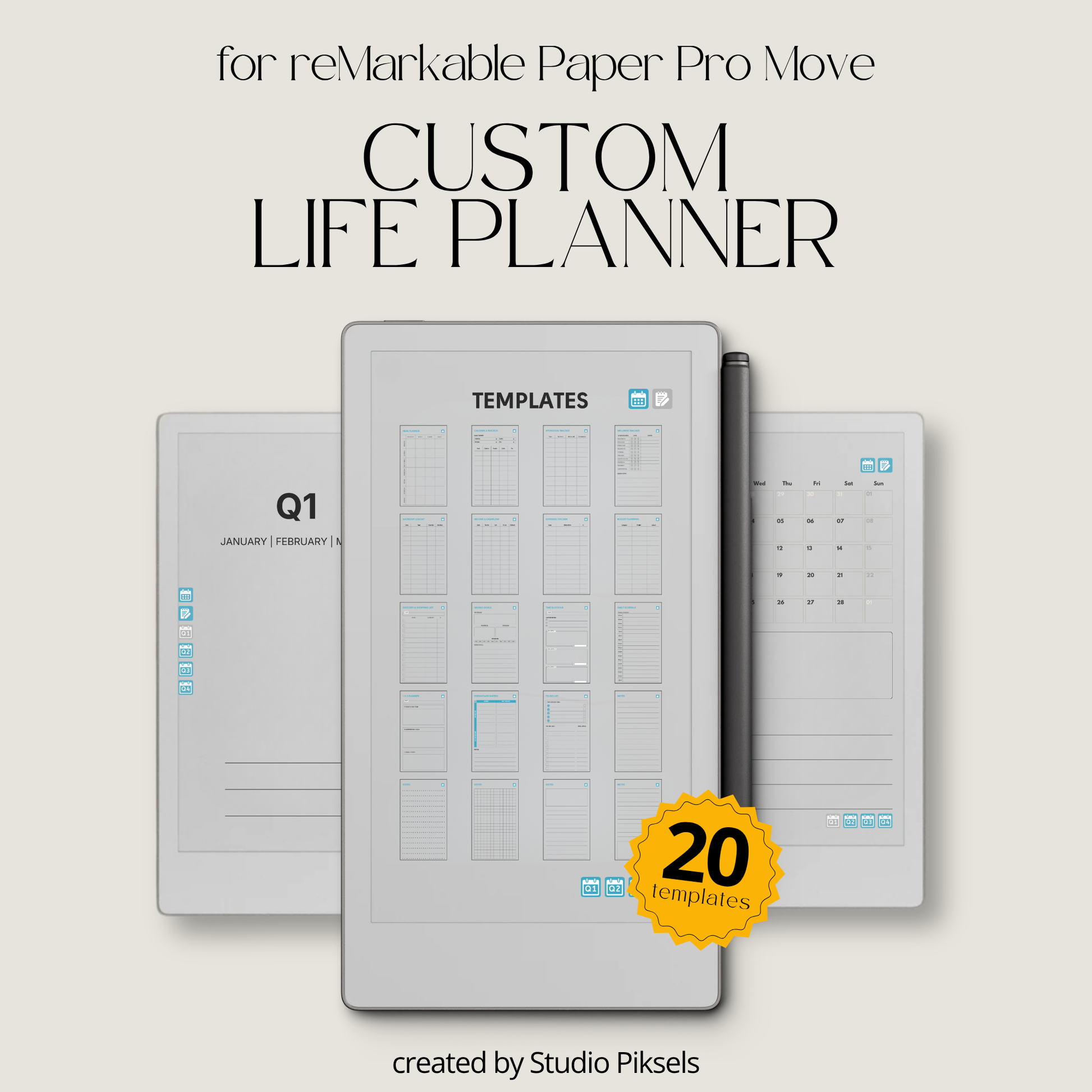 Life Planner 2026 PDF for reMarkable Paper Pro Move with hyperlinked calendar, templates, and customizable pages.