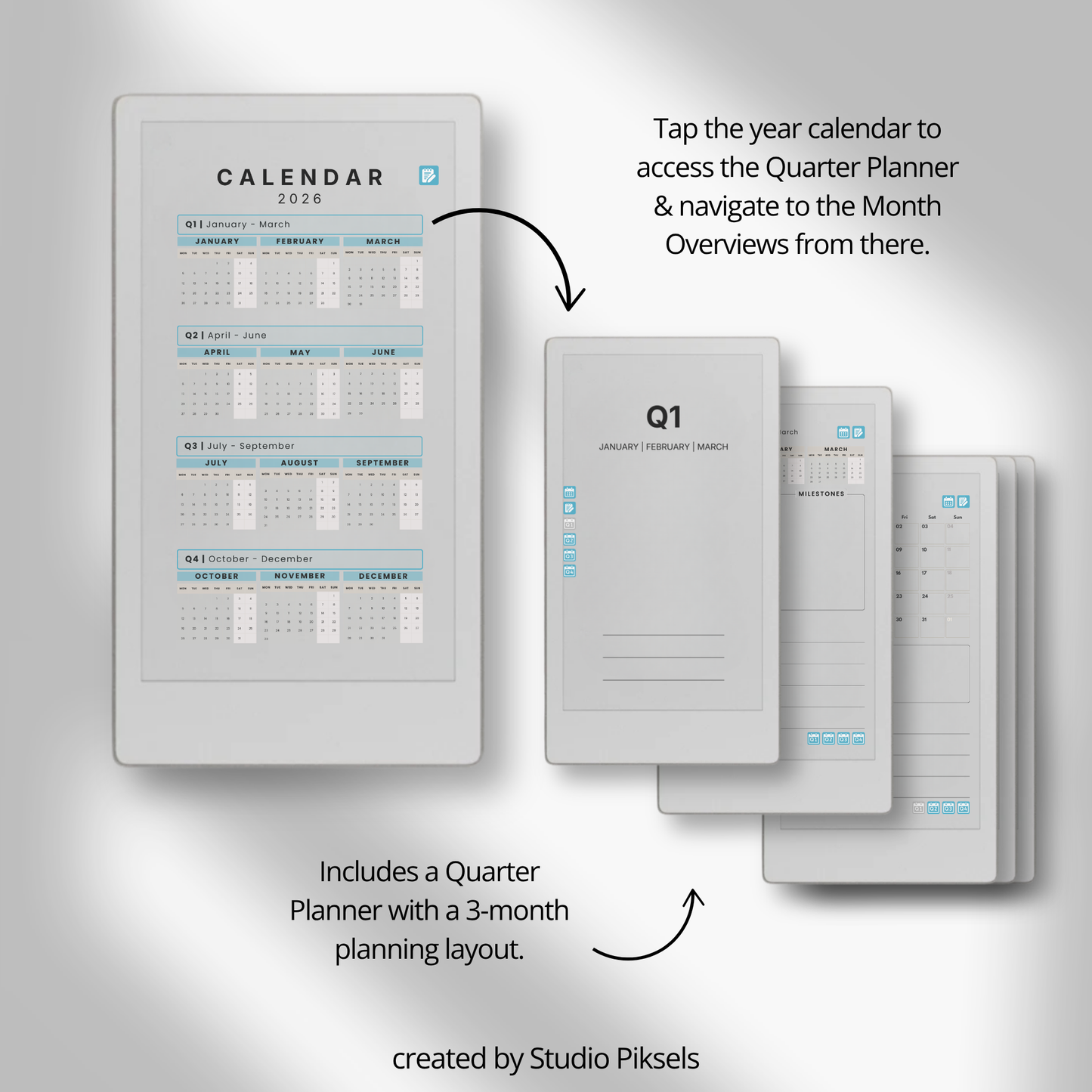 Life Planner 2026 PDF for reMarkable Paper Pro Move with hyperlinked calendar, templates, and customizable pages.
