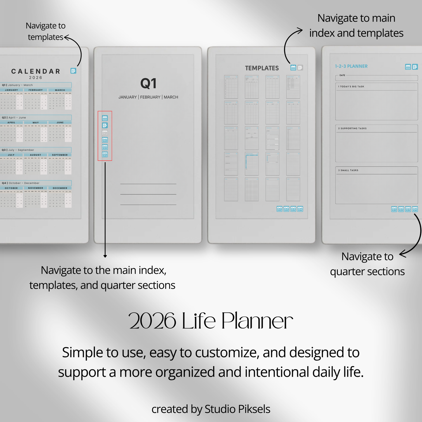 Life Planner 2026 PDF for reMarkable Paper Pro Move with hyperlinked calendar, templates, and customizable pages.