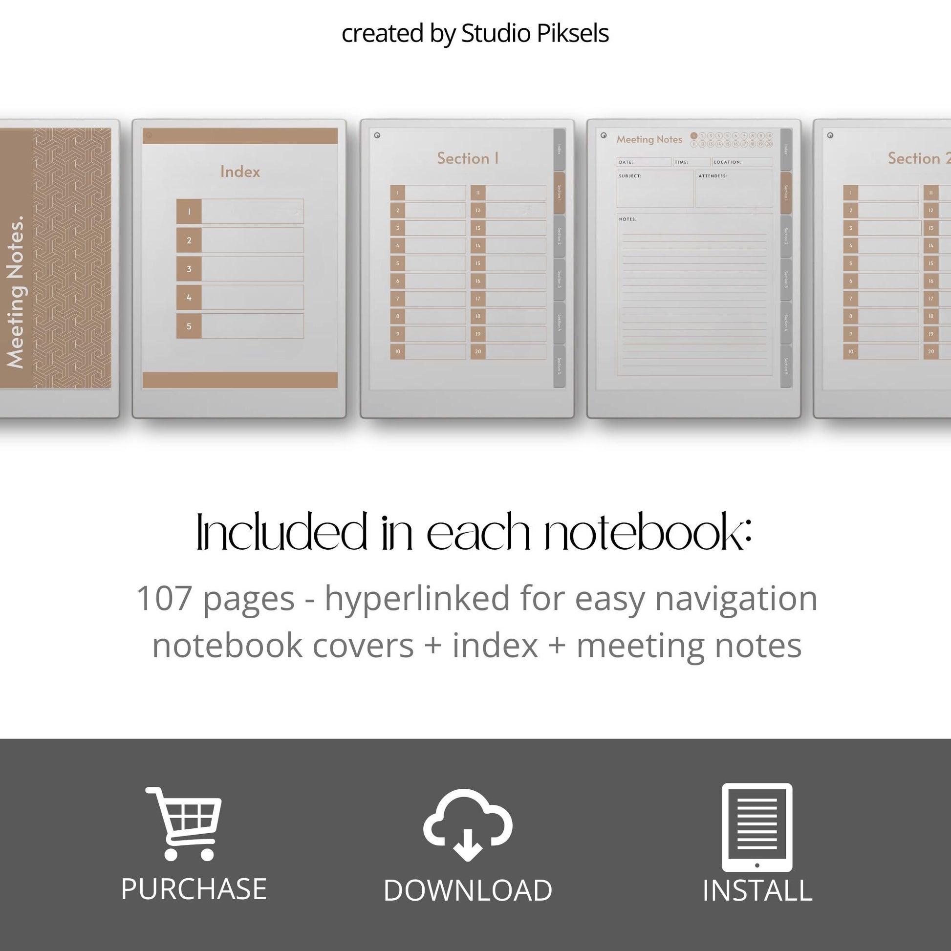 Meeting notes notebook for reMarkable Paper Pro with custom index.