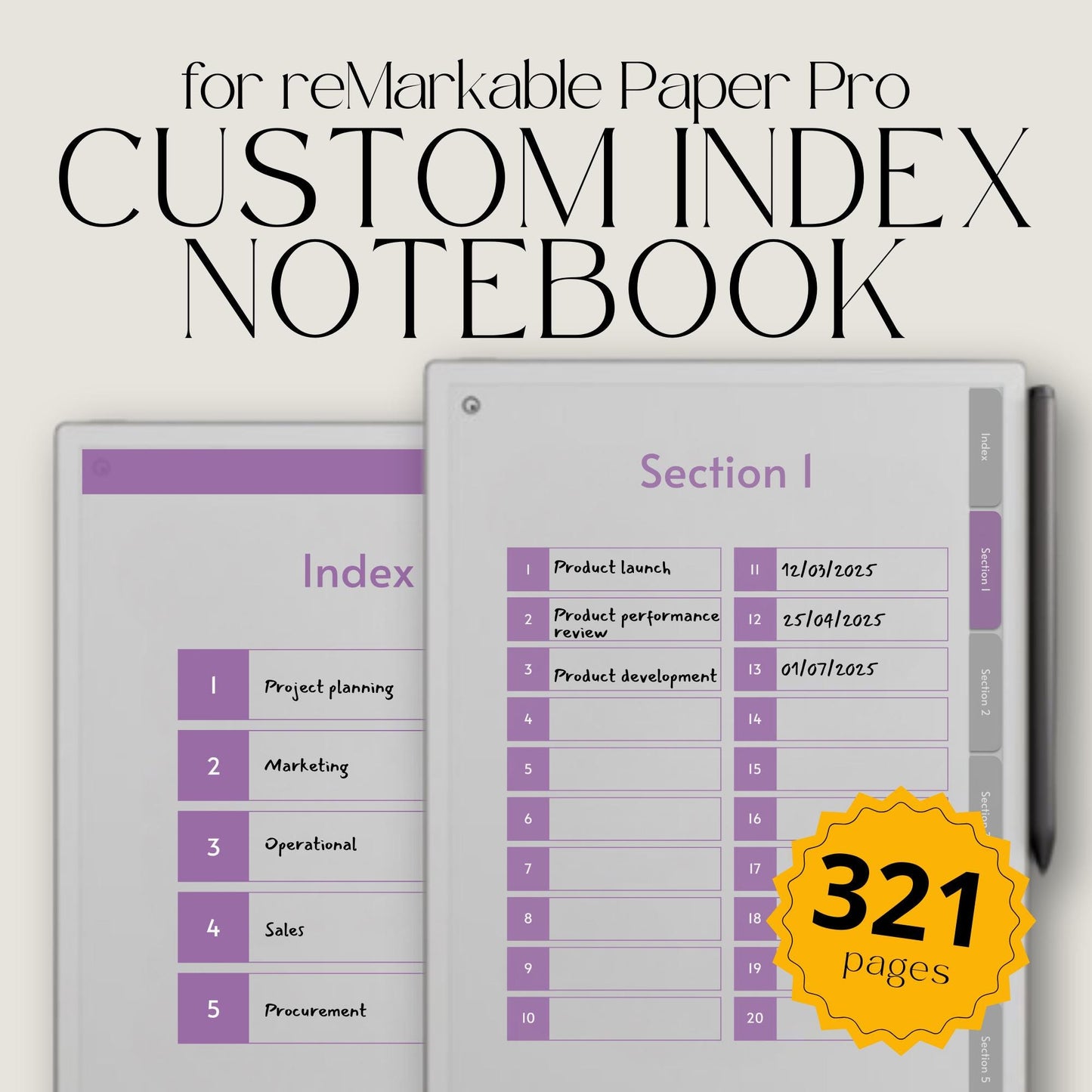 Meeting notes notebook for reMarkable Paper Pro with custom index.