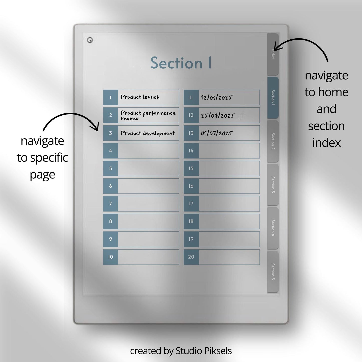 Meeting notes notebook for reMarkable Paper Pro with custom index.