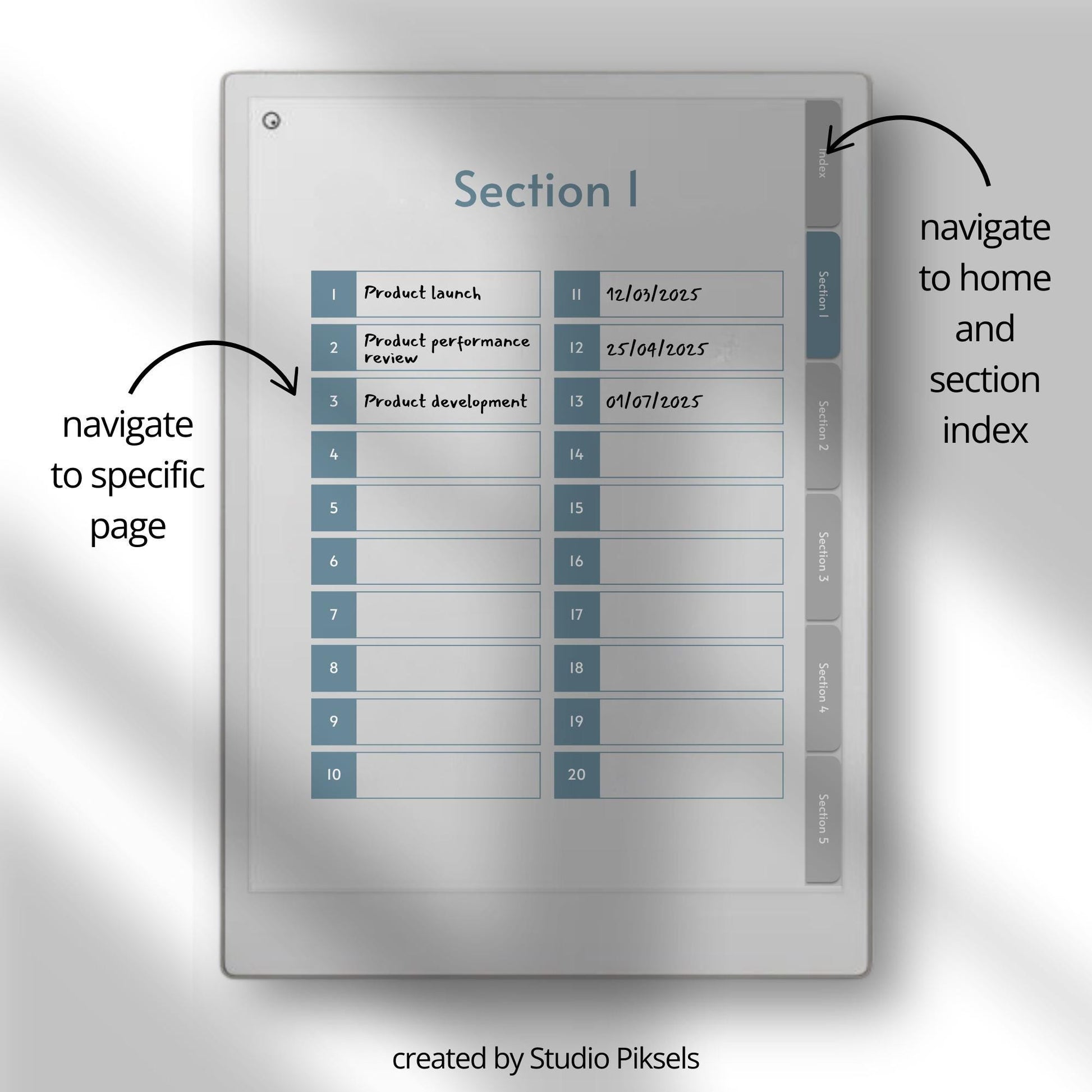 Meeting notes notebook for reMarkable Paper Pro with custom index.