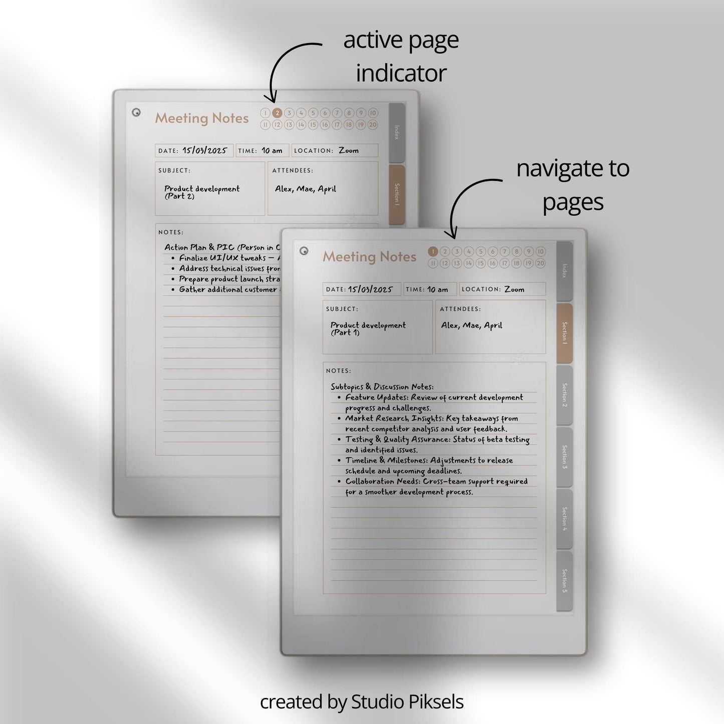 Meeting notes notebook for reMarkable Paper Pro with custom index.
