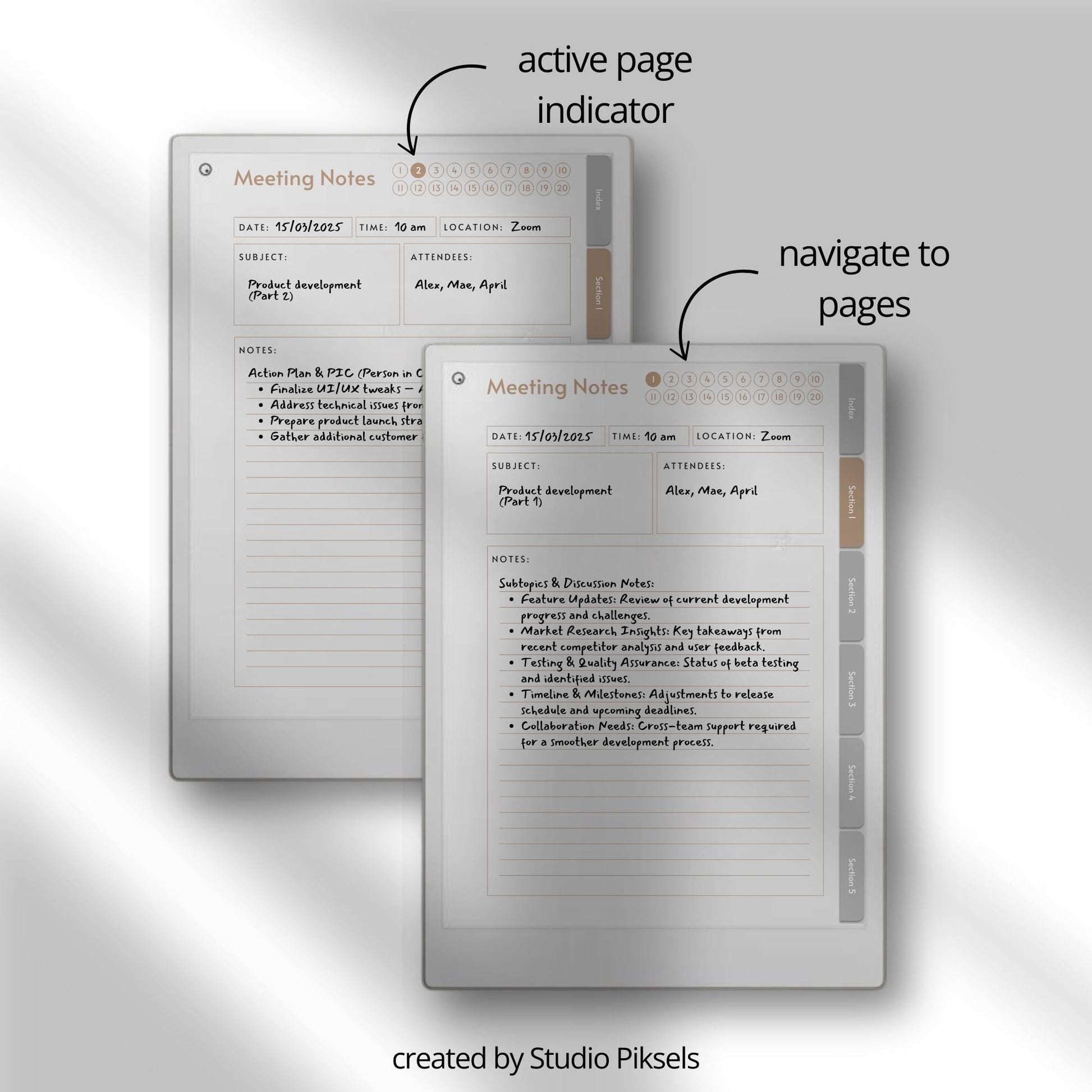 Meeting notes notebook for reMarkable Paper Pro with custom index.