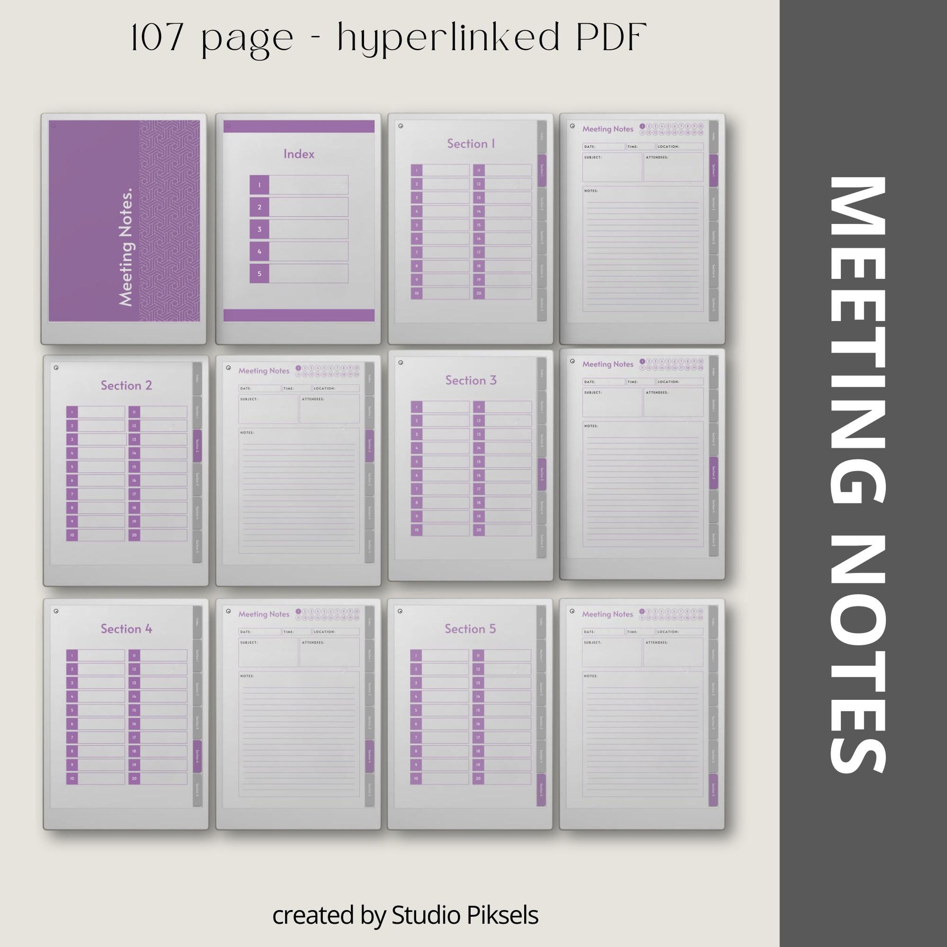 Meeting notes notebook for reMarkable Paper Pro with custom index.