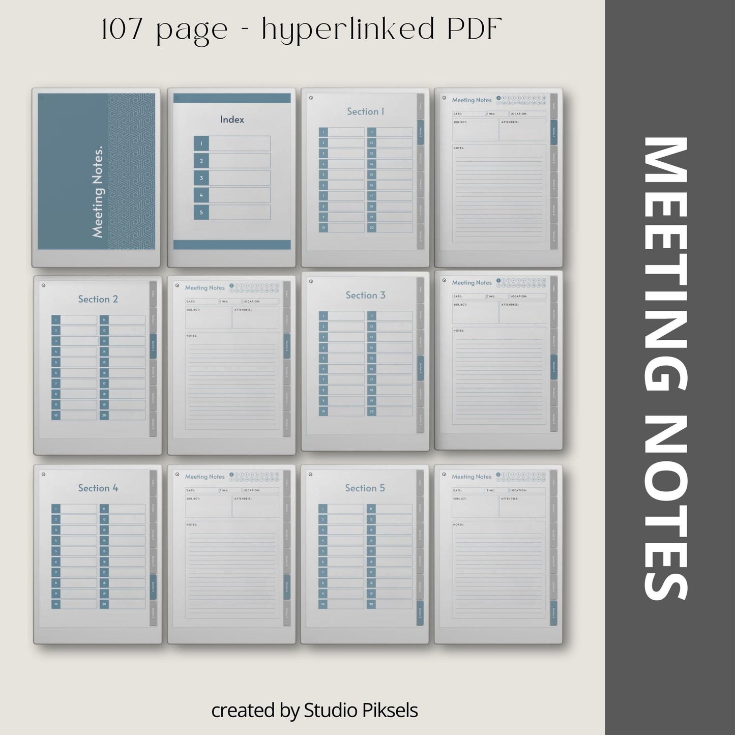 Meeting notes notebook for reMarkable Paper Pro with custom index.