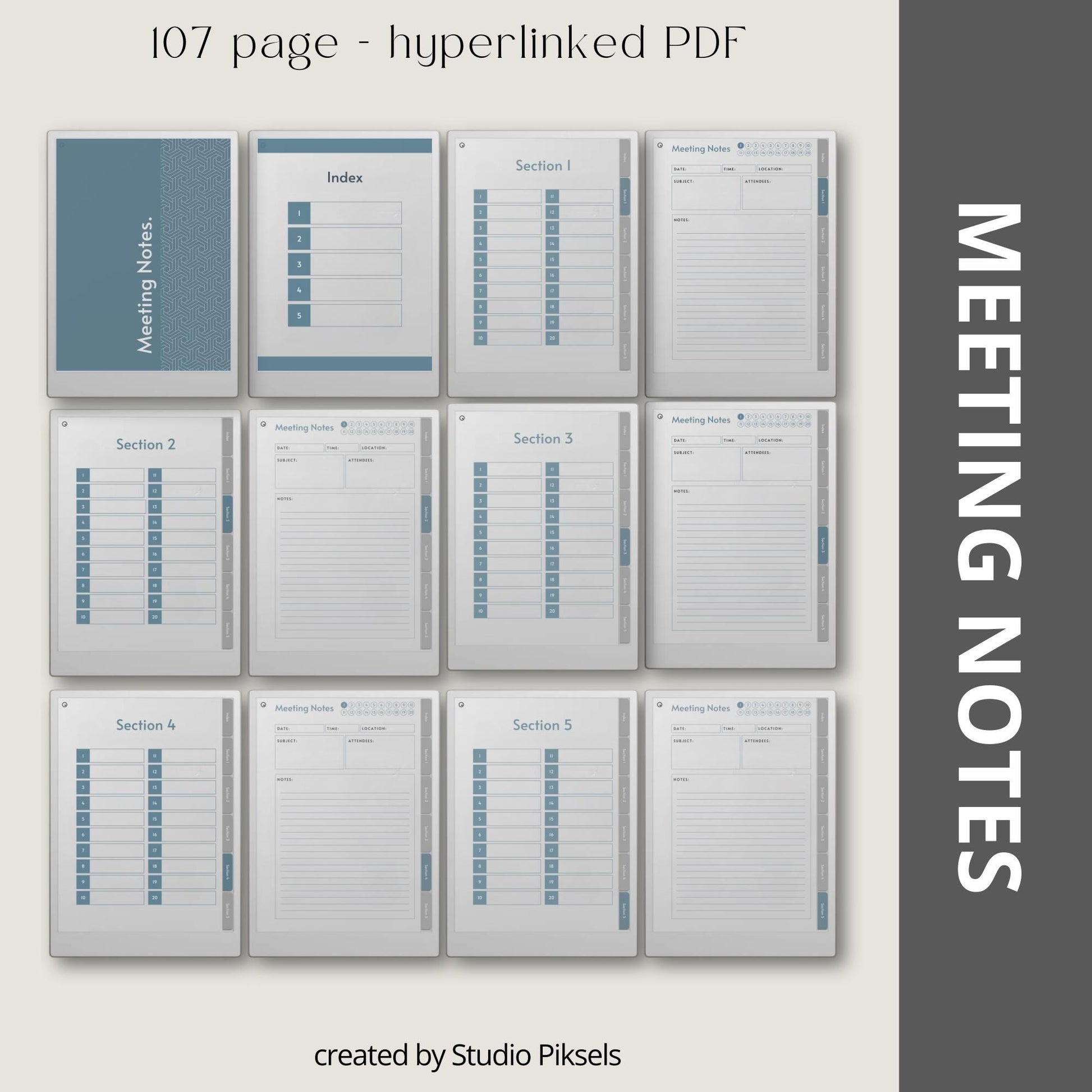 Meeting notes notebook for reMarkable Paper Pro with custom index.
