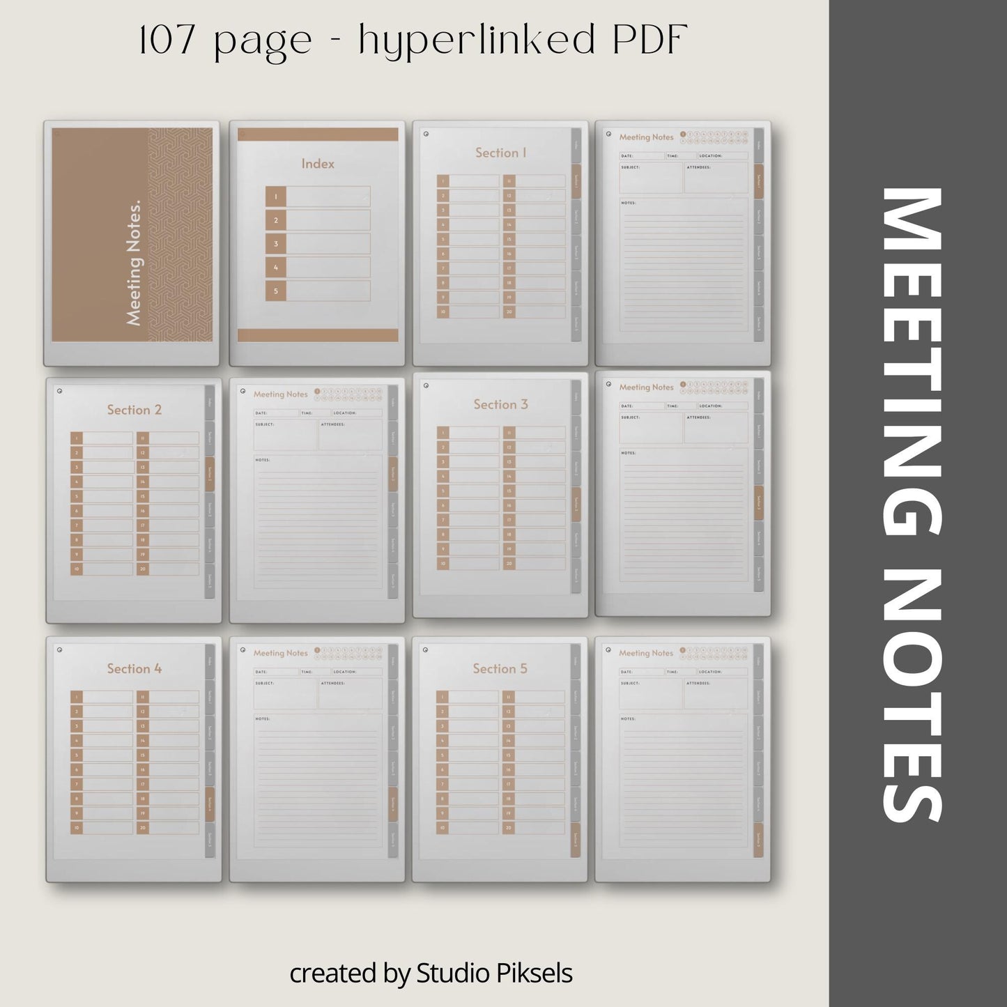 Meeting notes notebook for reMarkable Paper Pro with custom index.