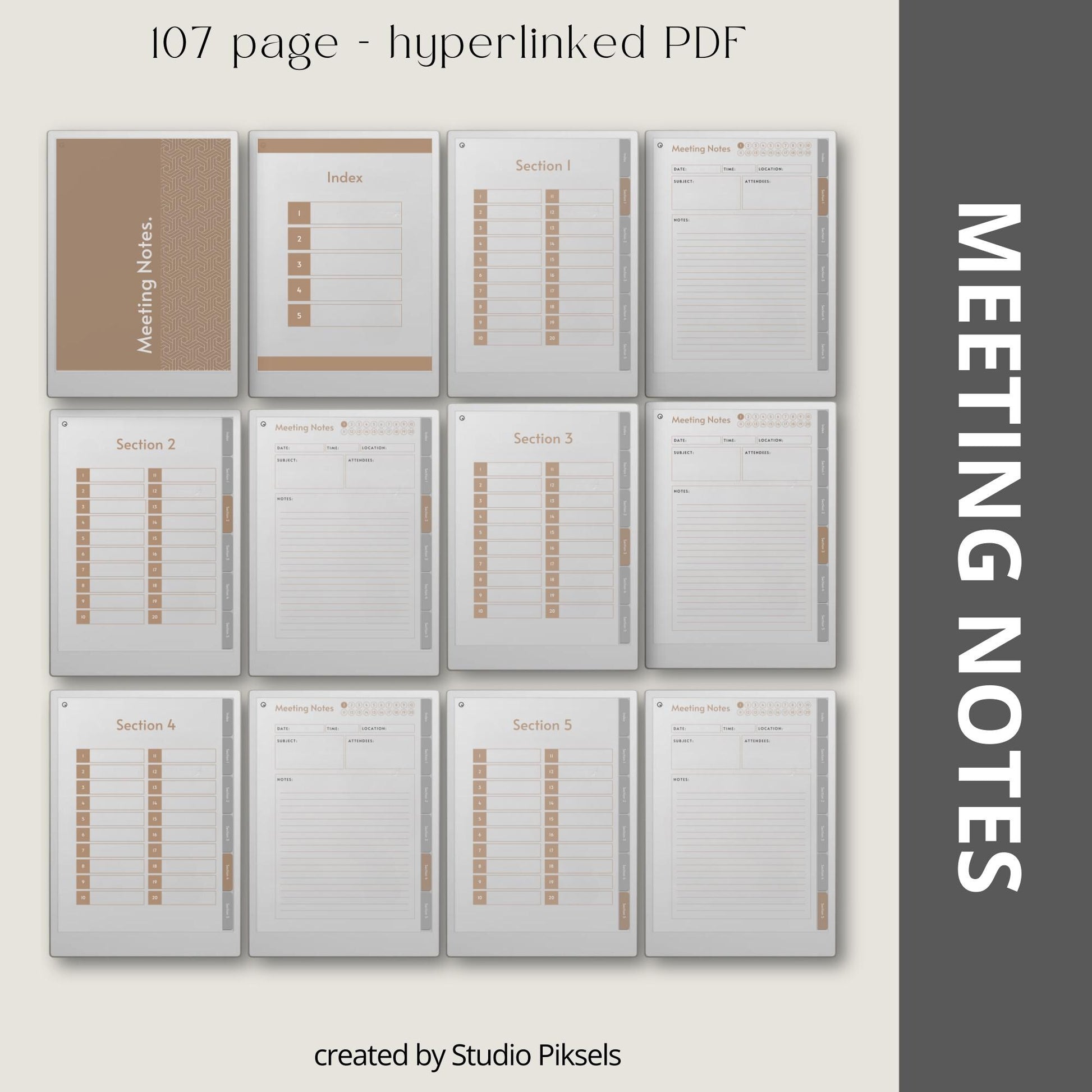 Meeting notes notebook for reMarkable Paper Pro with custom index.