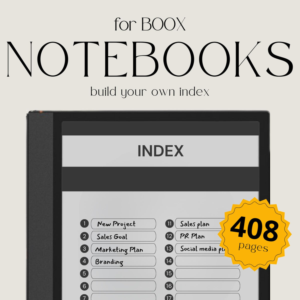 Custom Index Notebook Bundle for BOOX with hyperlinked notebook pages, customizable indexes, and grayscale digital note-taking layouts.