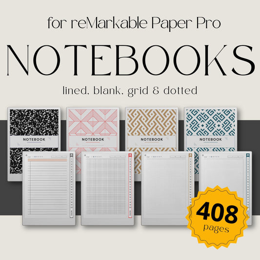 Custom index notebooks for reMarkable Paper Pro with lined, grid, dotted, and blank layouts for structured digital note taking.