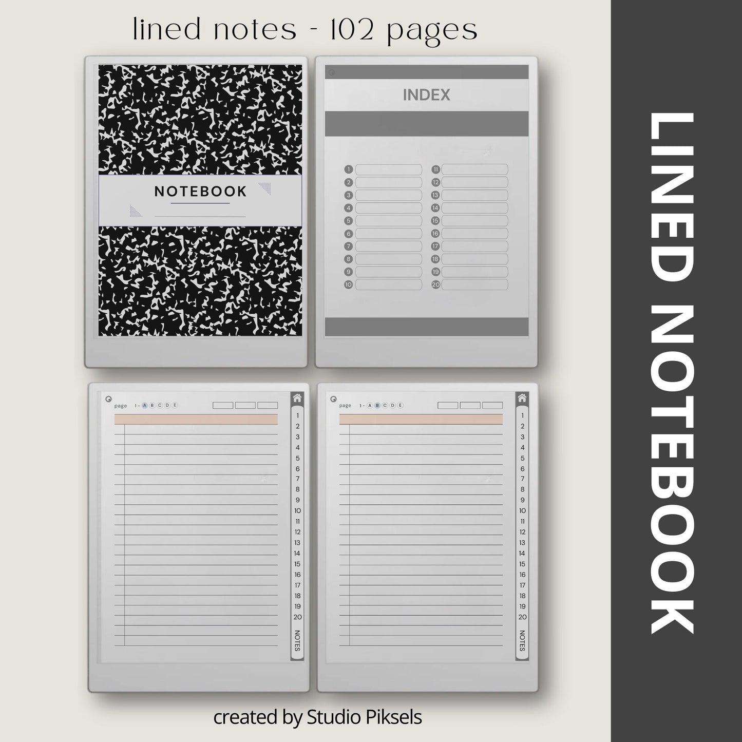 Custom index notebooks for reMarkable Paper Pro with lined, grid, dotted, and blank layouts for structured digital note taking.