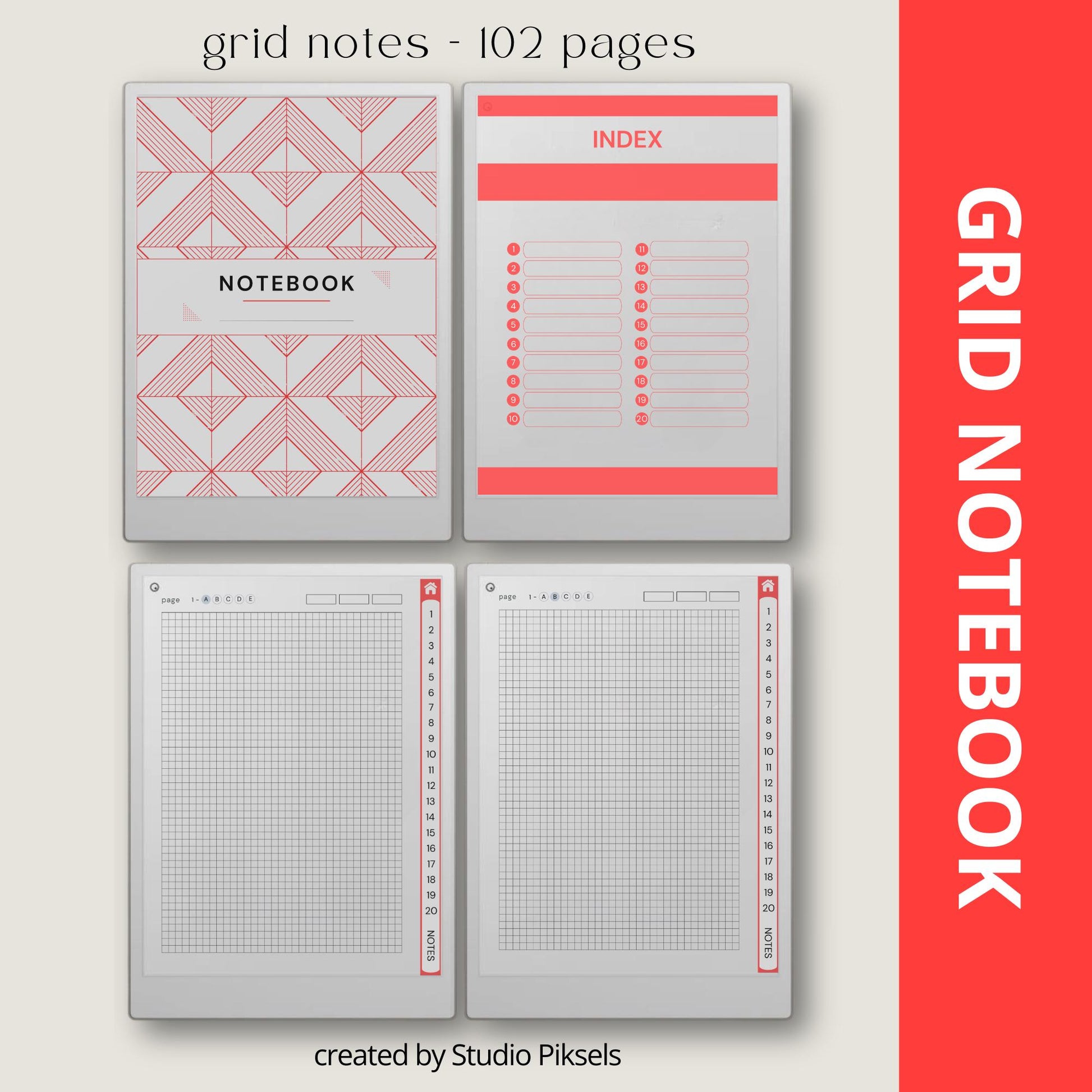 Custom index notebooks for reMarkable Paper Pro with lined, grid, dotted, and blank layouts for structured digital note taking.