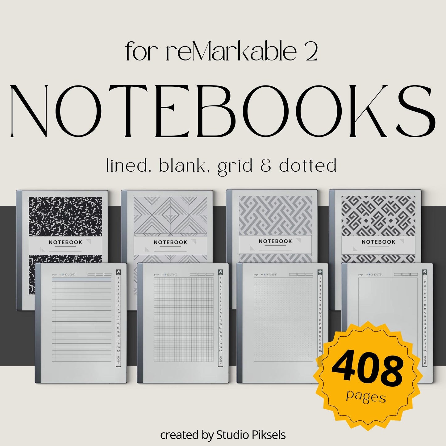 Custom Index Notebook Bundle for reMarkable Paper Pure and reMarkable 2 with hyperlinked lined, grid, dotted, and blank notebooks