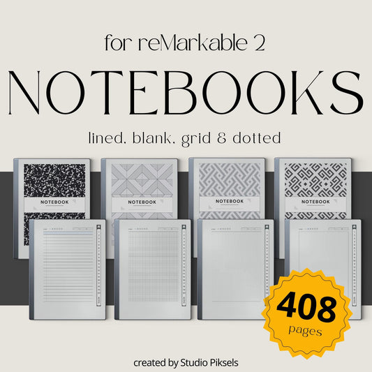 Custom Index Notebook Bundle for reMarkable Paper Pure and reMarkable 2 with hyperlinked lined, grid, dotted, and blank notebooks
