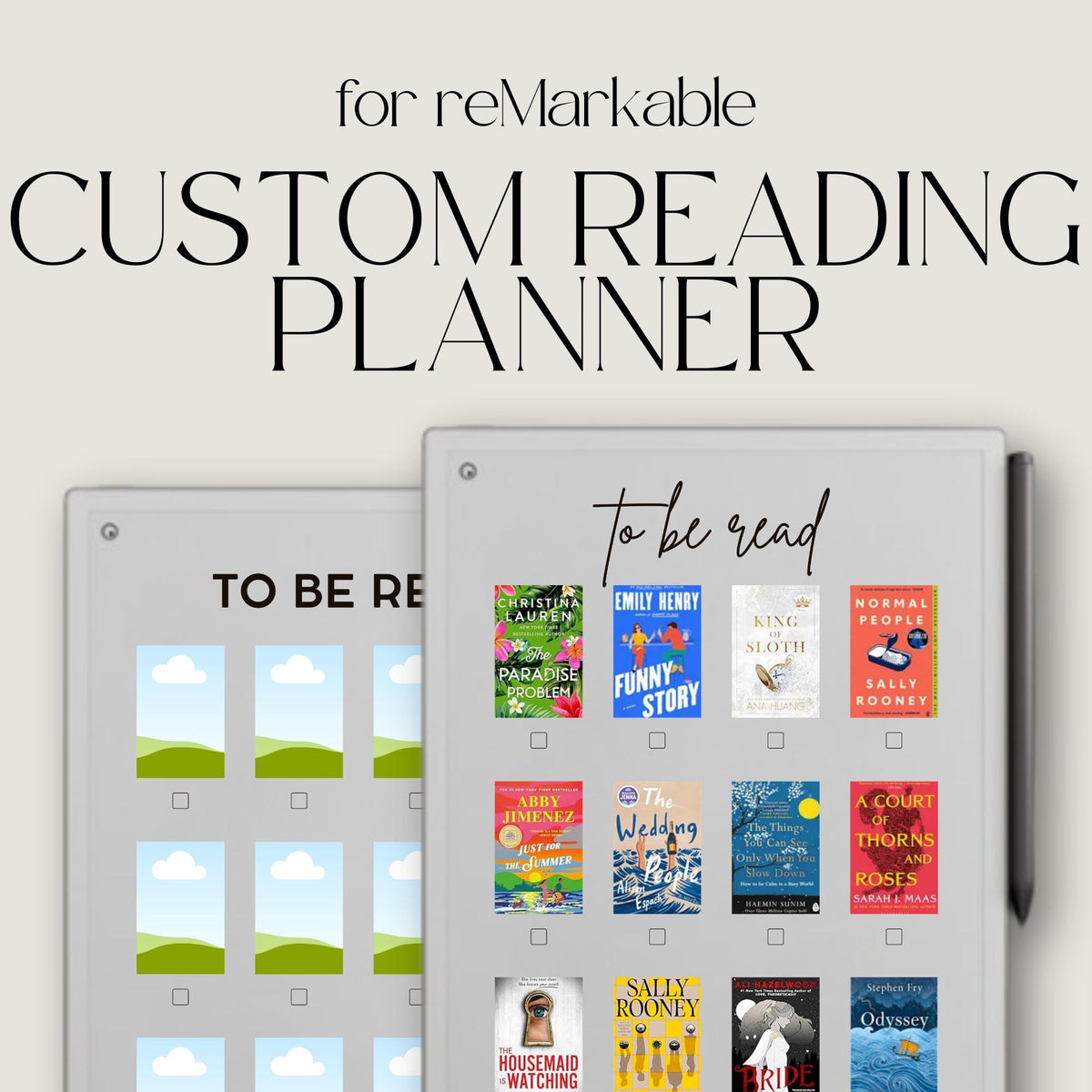 Customizable Reading Planner for reMarkable devices featuring reusable digital book tracking layouts with personalized reading lists, Canva editing, book cover organization, and structured reading journal pages.