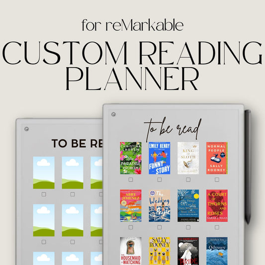 Customizable Reading Planner for reMarkable devices featuring reusable digital book tracking layouts with personalized reading lists, Canva editing, book cover organization, and structured reading journal pages.