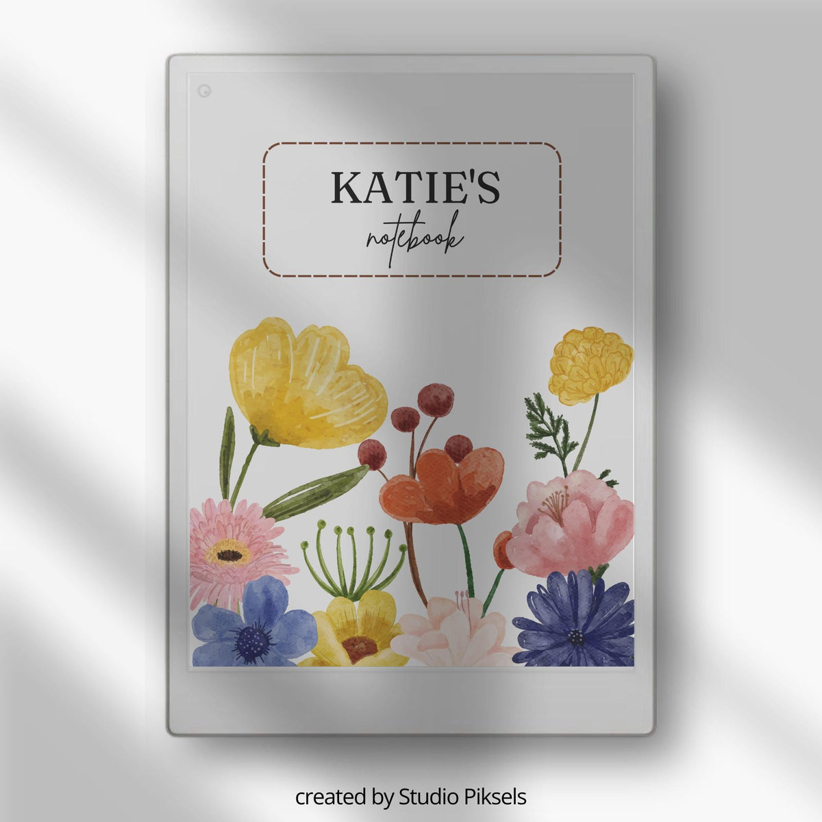 Custom watercolor floral sleep screen for reMarkable Paper Pro featuring vibrant hand-painted flowers, personalized text editing, and elegant artistic artwork for E Ink device customization.