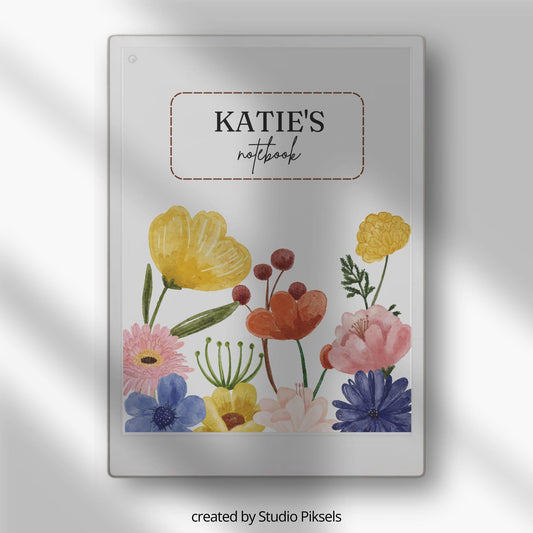 Custom watercolor floral sleep screen for reMarkable Paper Pro featuring vibrant hand-painted flowers, personalized text editing, and elegant artistic artwork for E Ink device customization.