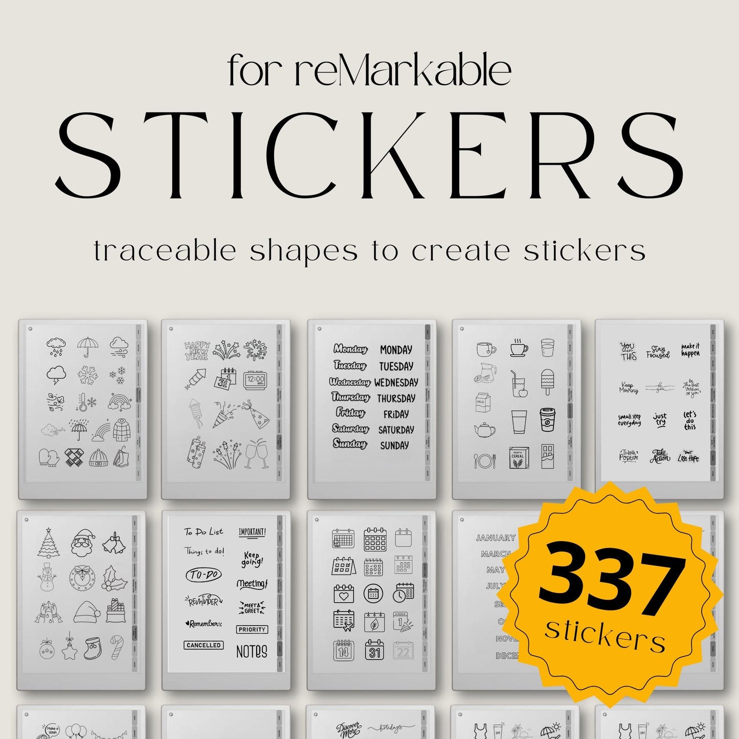 Traceable Sticker Book for reMarkable featuring 337 hyperlinked digital planning stickers with calendar icons, labels, shapes, weather symbols, and decorative elements.