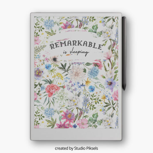 Colorful floral sleep screen for the reMarkable Paper Pro featuring a high-resolution botanical PNG background design and detailed flower artwork.