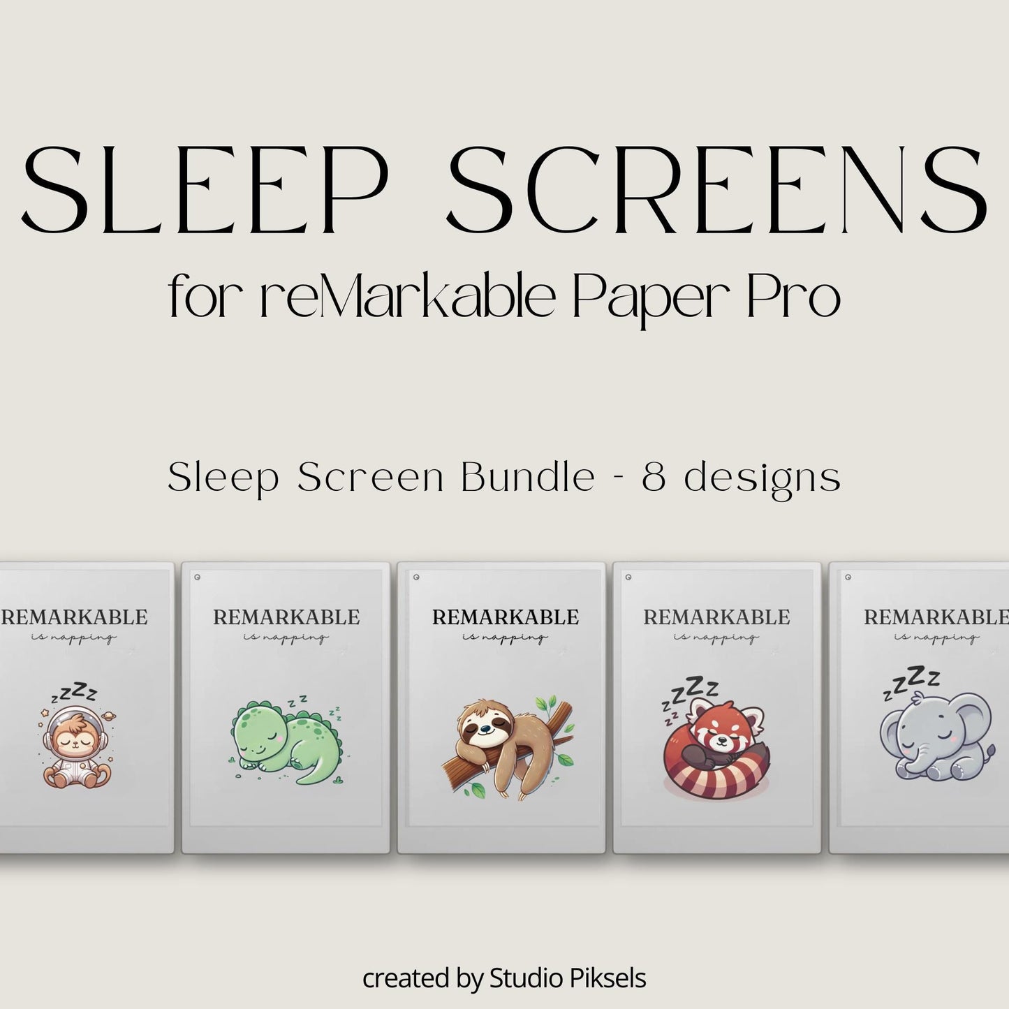 Add a cozy and playful look to your device with this Cute Sleep Screen Bundle designed for reMarkable Paper Pro. This collection includes 8 adorable sleep screen designs featuring peaceful napping animals in a soft cartoon style, bringing warmth and personality to your device during sleep mode.