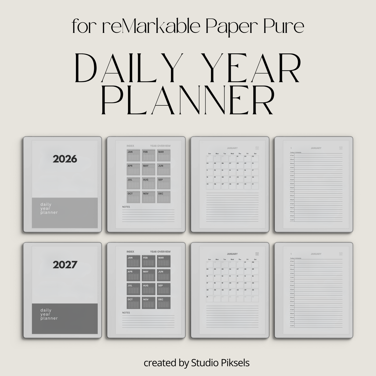 2026 + 2027 Hyperlinked Daily Planner for reMarkable Paper Pure