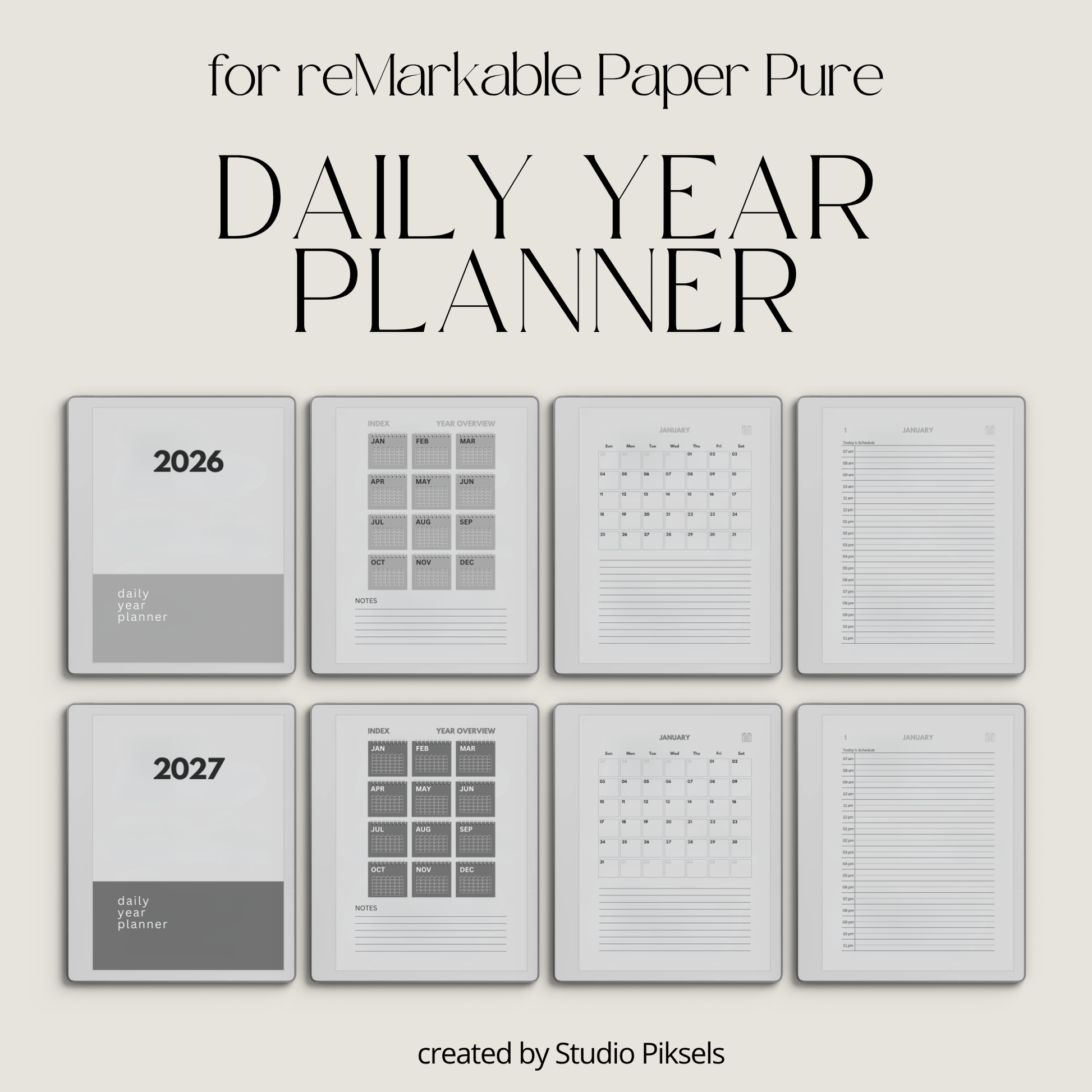 2026 + 2027 Hyperlinked Daily Planner for reMarkable Paper Pure