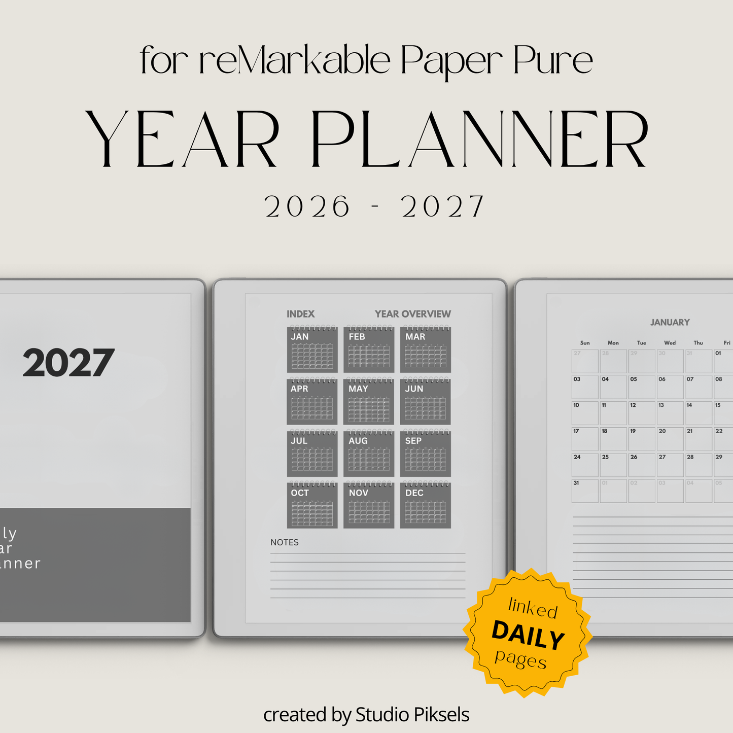 2026 + 2027 Hyperlinked Daily Planner for reMarkable Paper Pure