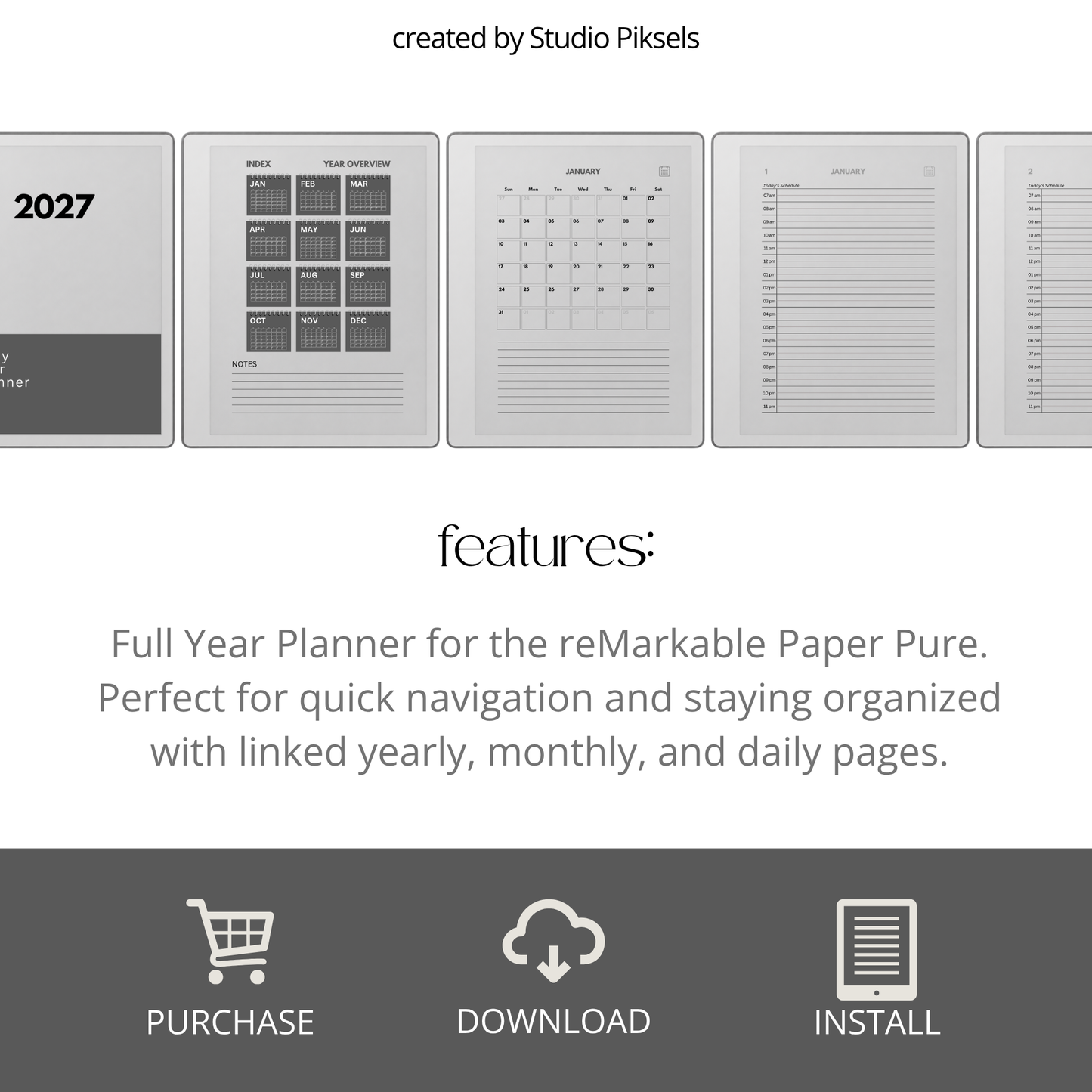 2026 + 2027 Hyperlinked Daily Planner for reMarkable Paper Pure