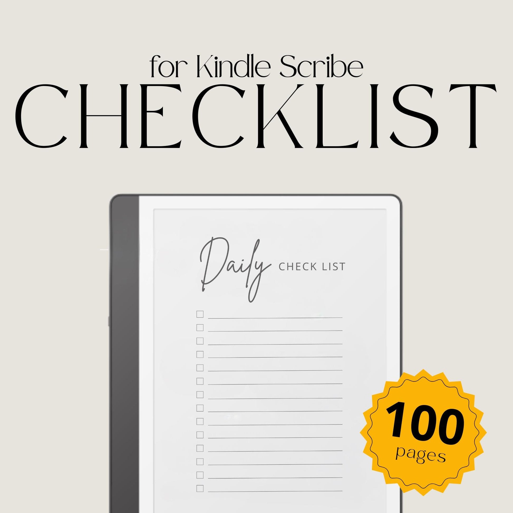 Minimalist Daily Checklist Notebook for Kindle Scribe featuring 100 reusable to do list pages with clean task tracking and productivity planning layouts.