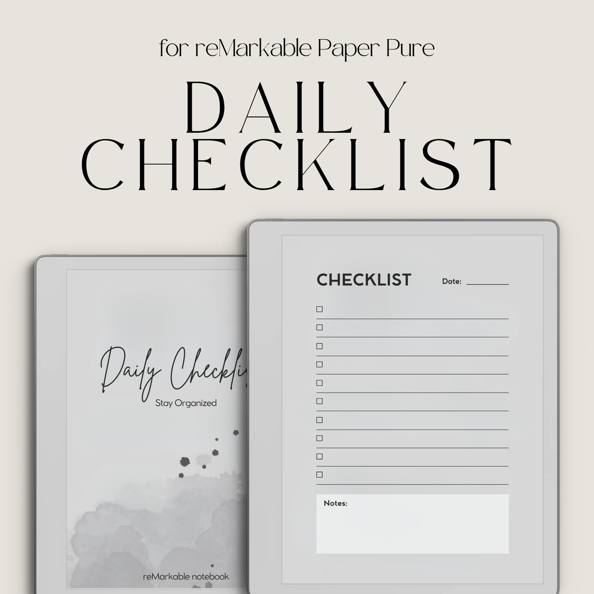 Daily Checklist Notebook for reMarkable 2 and Paper Pure featuring 50 reusable checklist pages, minimalist grayscale layout, task tracking, priorities, notes, and daily planning.