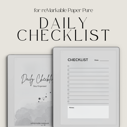 Daily Checklist Notebook for reMarkable 2 and Paper Pure featuring 50 reusable checklist pages, minimalist grayscale layout, task tracking, priorities, notes, and daily planning.