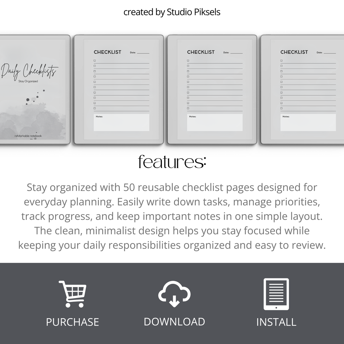 Daily Checklist Notebook for reMarkable 2 and Paper Pure featuring 50 reusable checklist pages, minimalist grayscale layout, task tracking, priorities, notes, and daily planning.