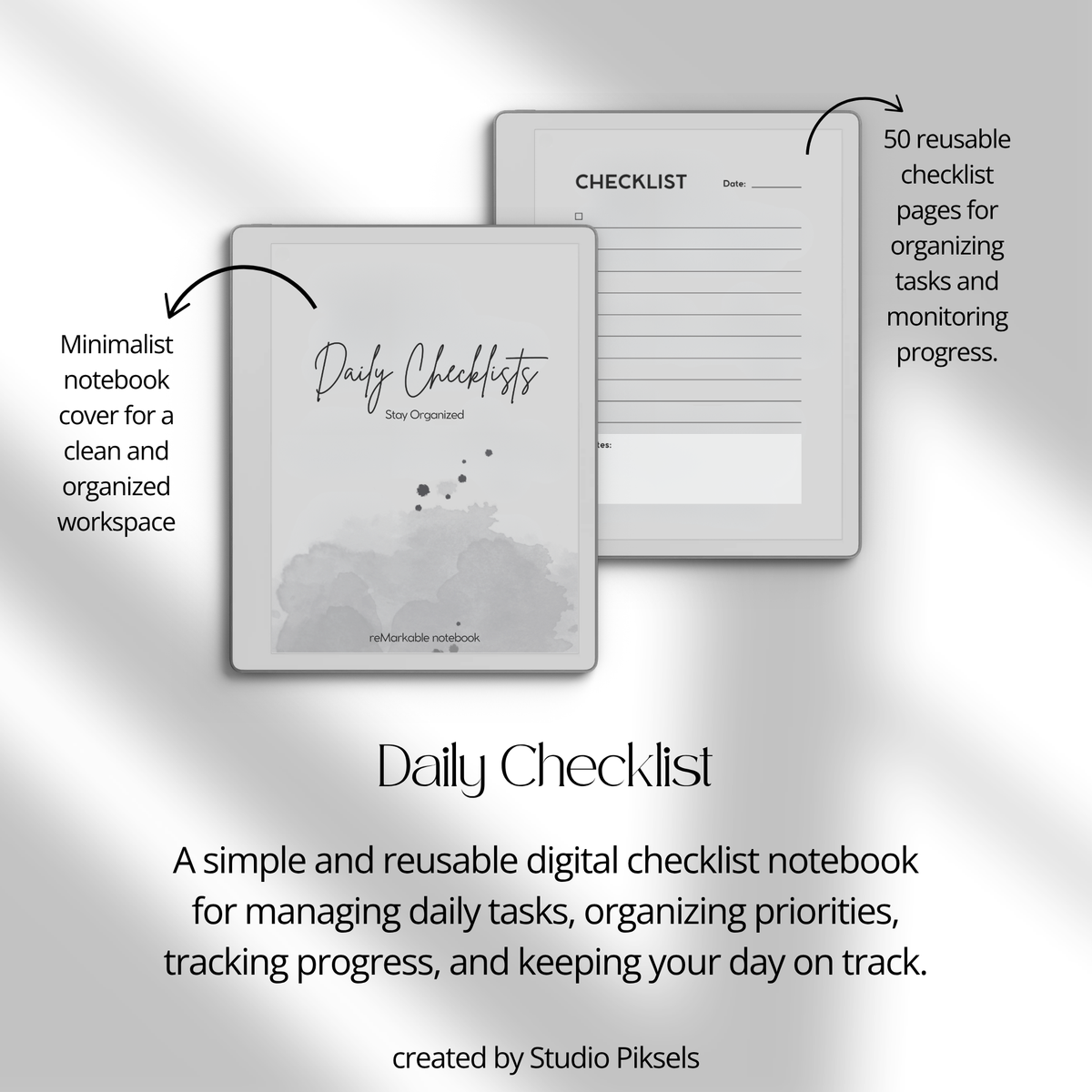 Daily Checklist Notebook for reMarkable 2 and Paper Pure featuring 50 reusable checklist pages, minimalist grayscale layout, task tracking, priorities, notes, and daily planning.